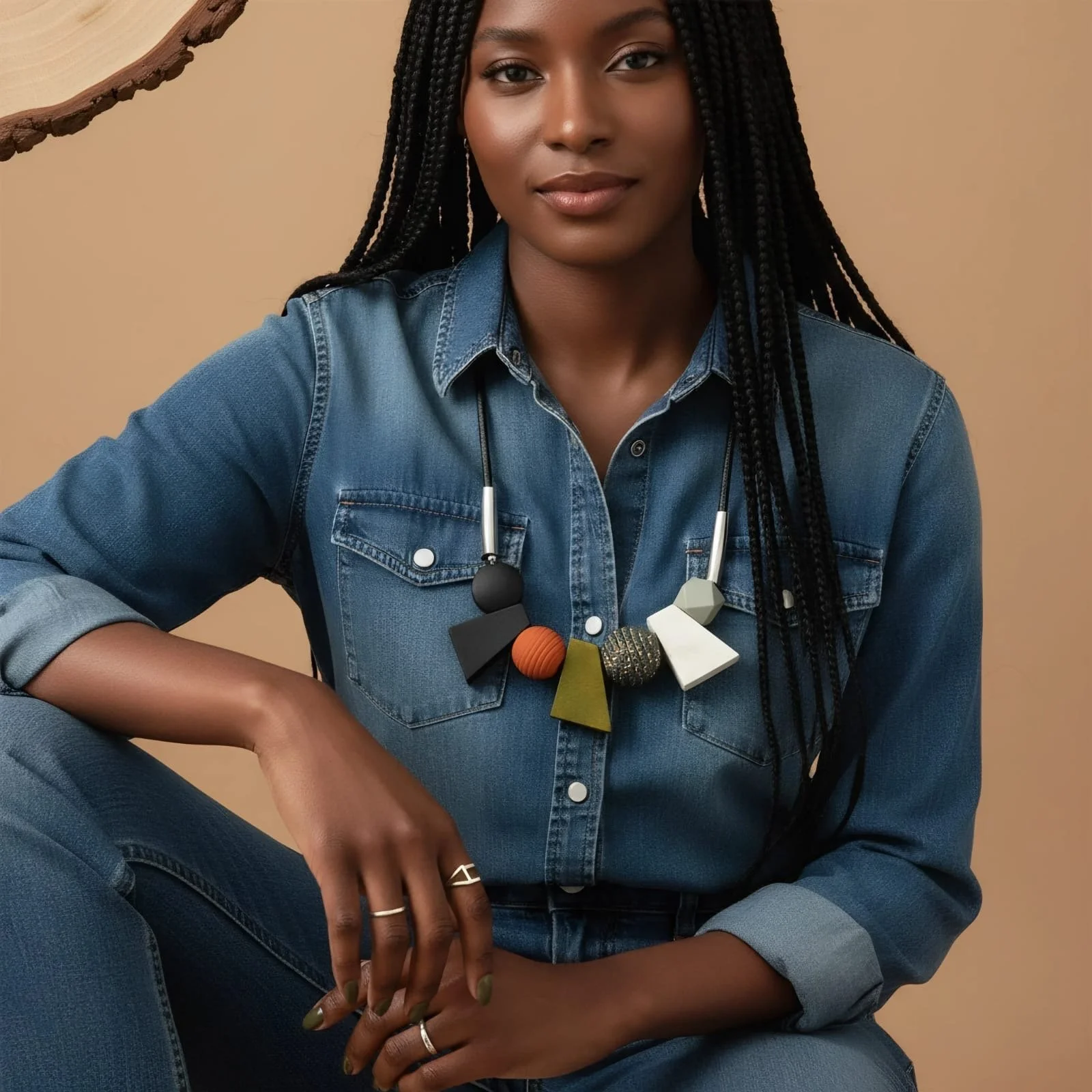 African inspired green multi-shaped wooden necklace