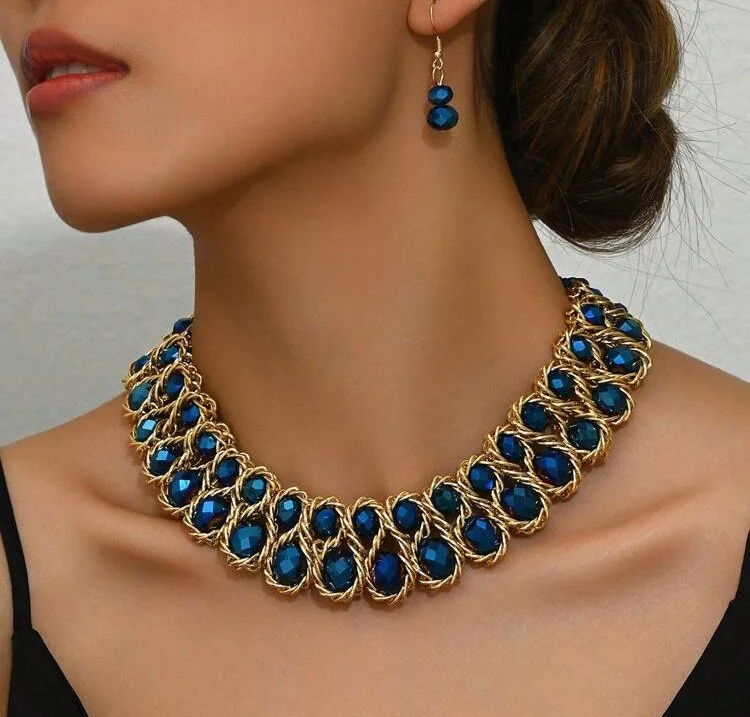 Blue bib crystal bead necklace and earring set 1.6 - Style Me African