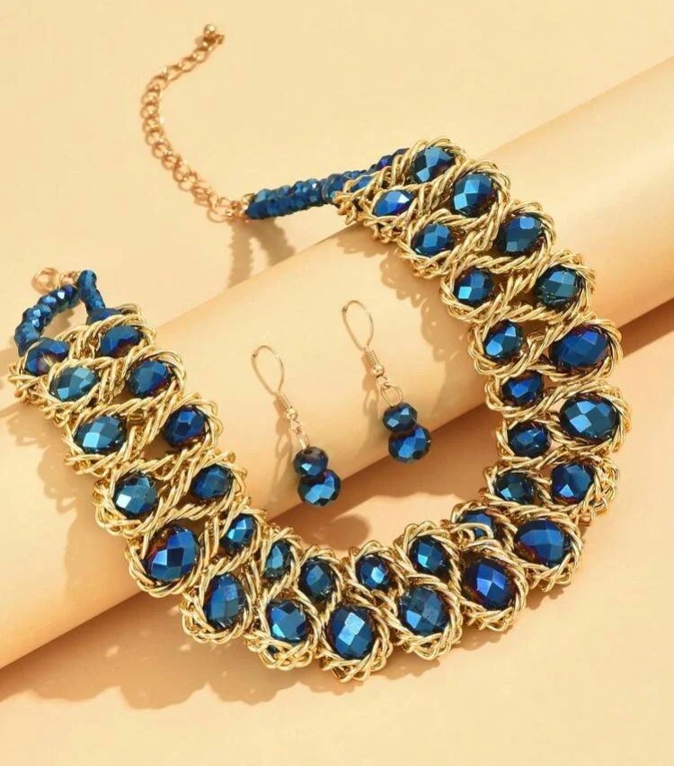 Blue bib crystal bead necklace and earring set 1.2 - Style Me African