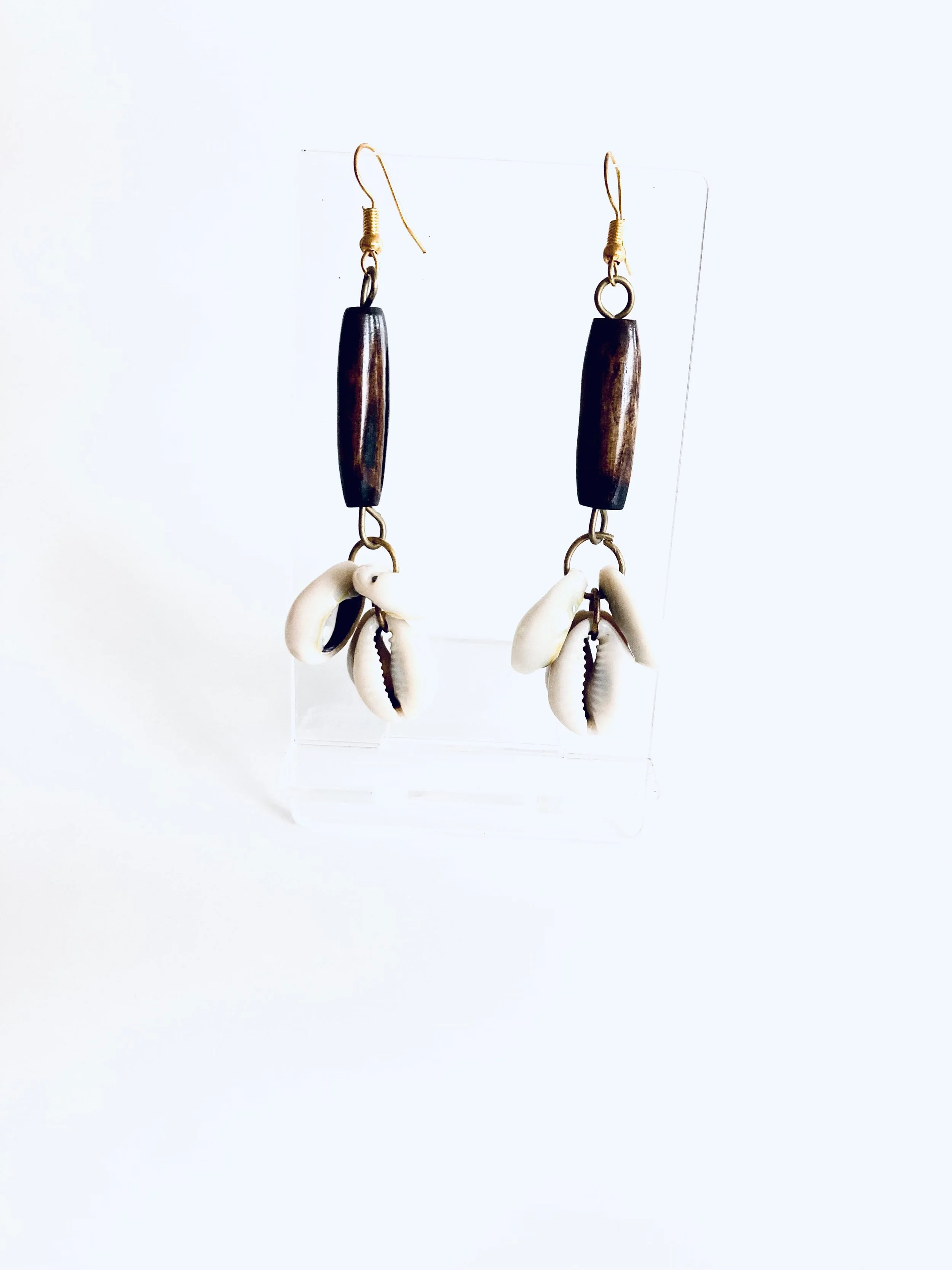 3-strand Cowrie wooden earrings 1.4 - Style Me African