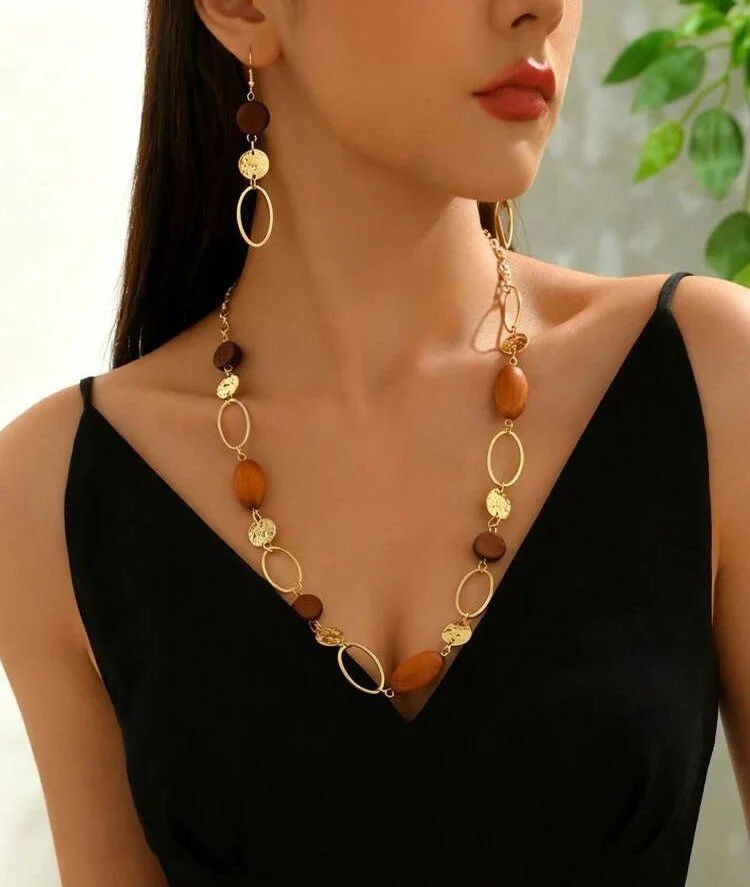 Gold wooden earrings and necklace set 1.1 -Style Me African