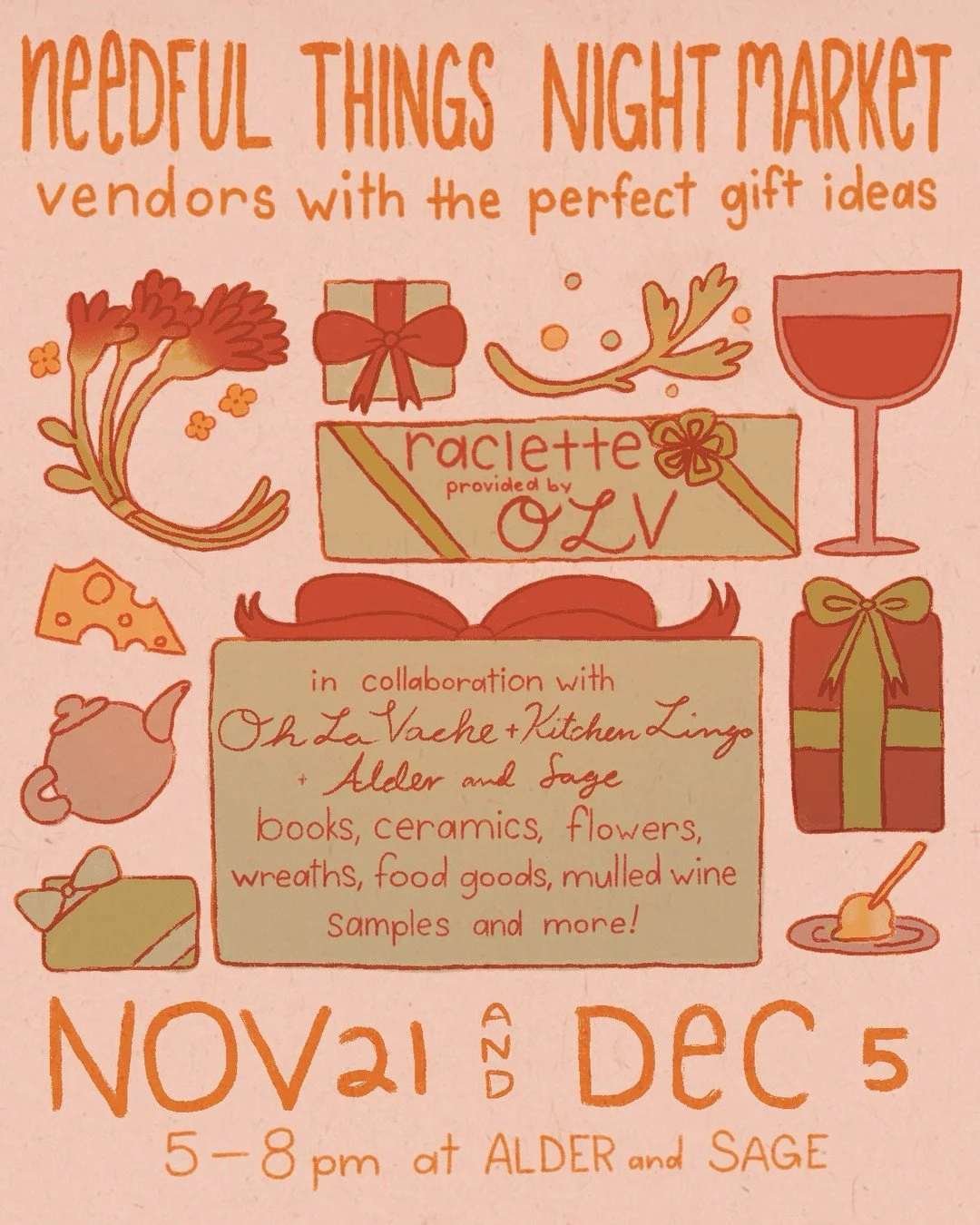 The first @aldersage @ohlavachelb kitchenlingobooks first Needful Things Night Market is here 🌙✨ November 21st and December 5th from 5-8 PM for cozy nights of shopping, sipping + snacking with lots of local vendors! ⁠
⁠
Oh La Vache serving ooey gooe