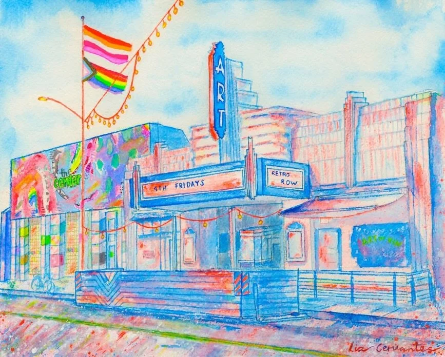 A love letter to our street 💛⁠
⁠
This painting by @lizcervantesart captures two true Long Beach staples and cornerstones of 4th Street&rsquo;s history, the @centerlb and the @arttheatrelongbeach.
