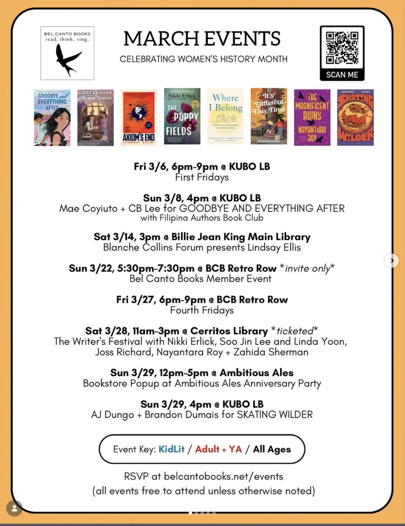 BEL CANTO BOOKS MARCH EVENTS