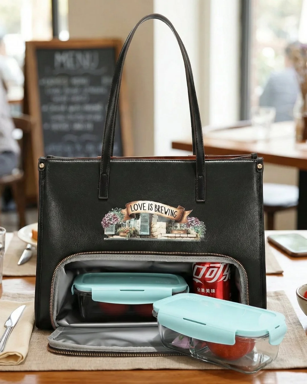A spacious tote for everyday use with sturdy top handles and a structured shape. Features an insulated zip compartment for lunch or beverages, plus roomy interior space for daily essentials, suitable for office, college, commuting, travel, or gifting