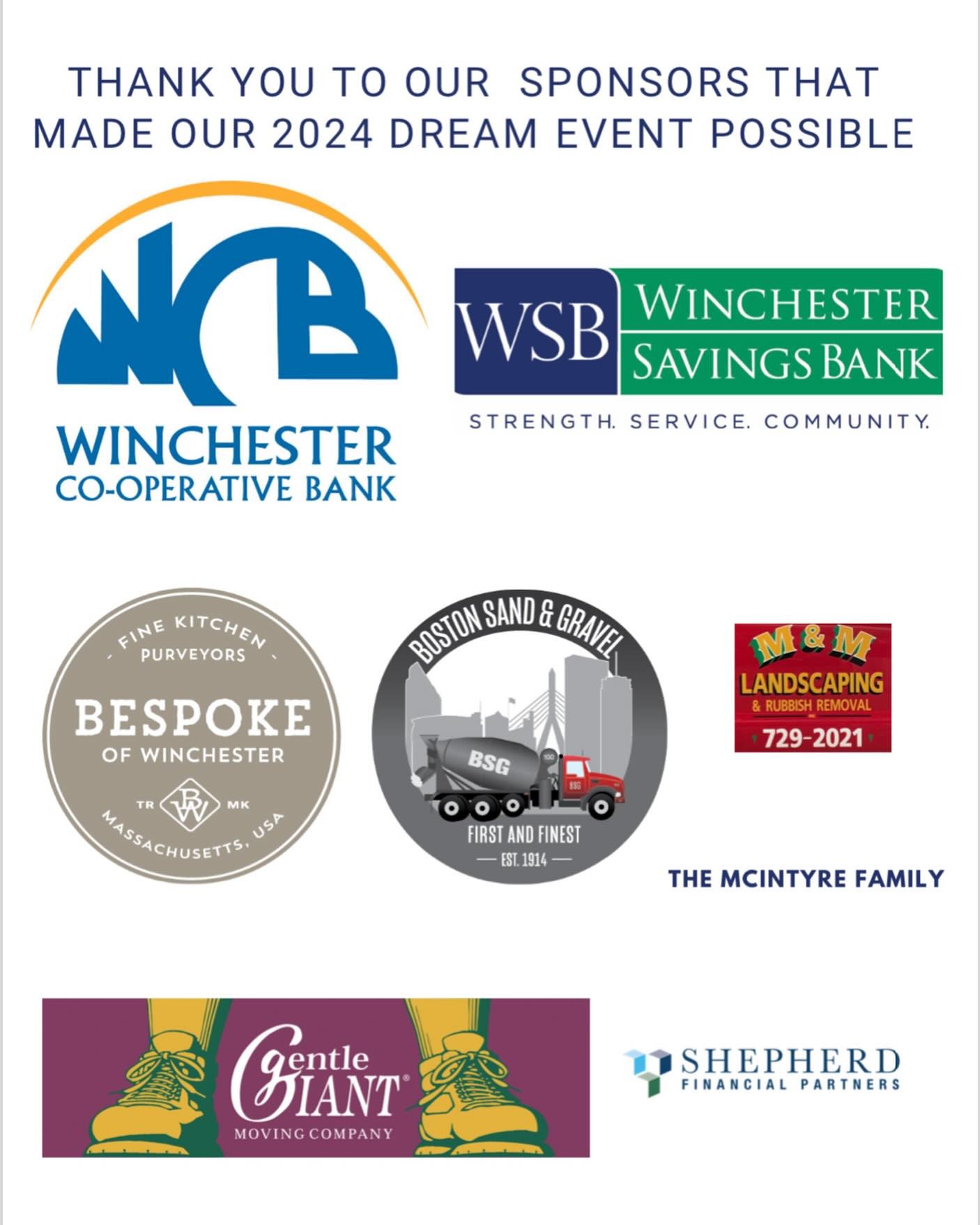 The Dream Event was possible because of great support from our sponsors! Thank you to these businesses and individuals for helping us reach our goal! #winchesterabc ✨
