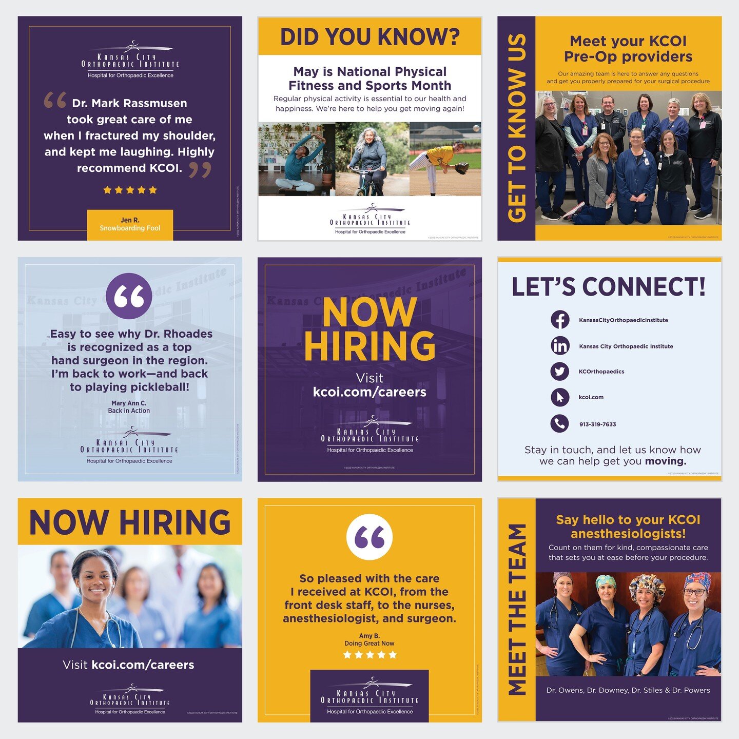 One more sampling of our recent work for Kansas City Orthopaedic Institute: social media templates created for Canva, giving our client the flexibility to create their own posts, while ensuring ease, variety, and consistency with their brand guidelin