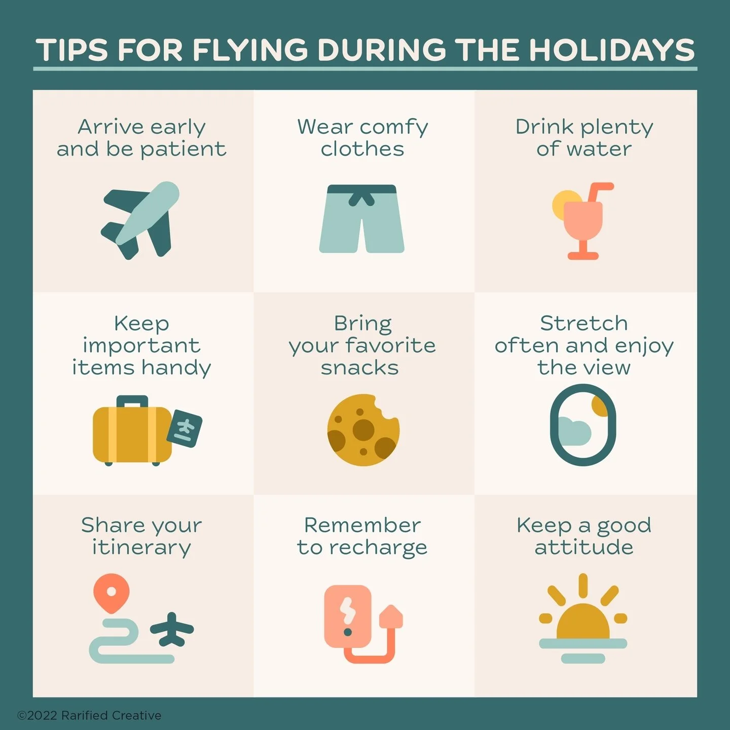 Holidays can be hectic, especially when you're traveling. Here are a few reminders to make your journey smooth and enjoyable.

Also...
&bull; Collapsible water bottles are a great way to stay hydrated while conserving space.
&bull; Wearing a mask in 