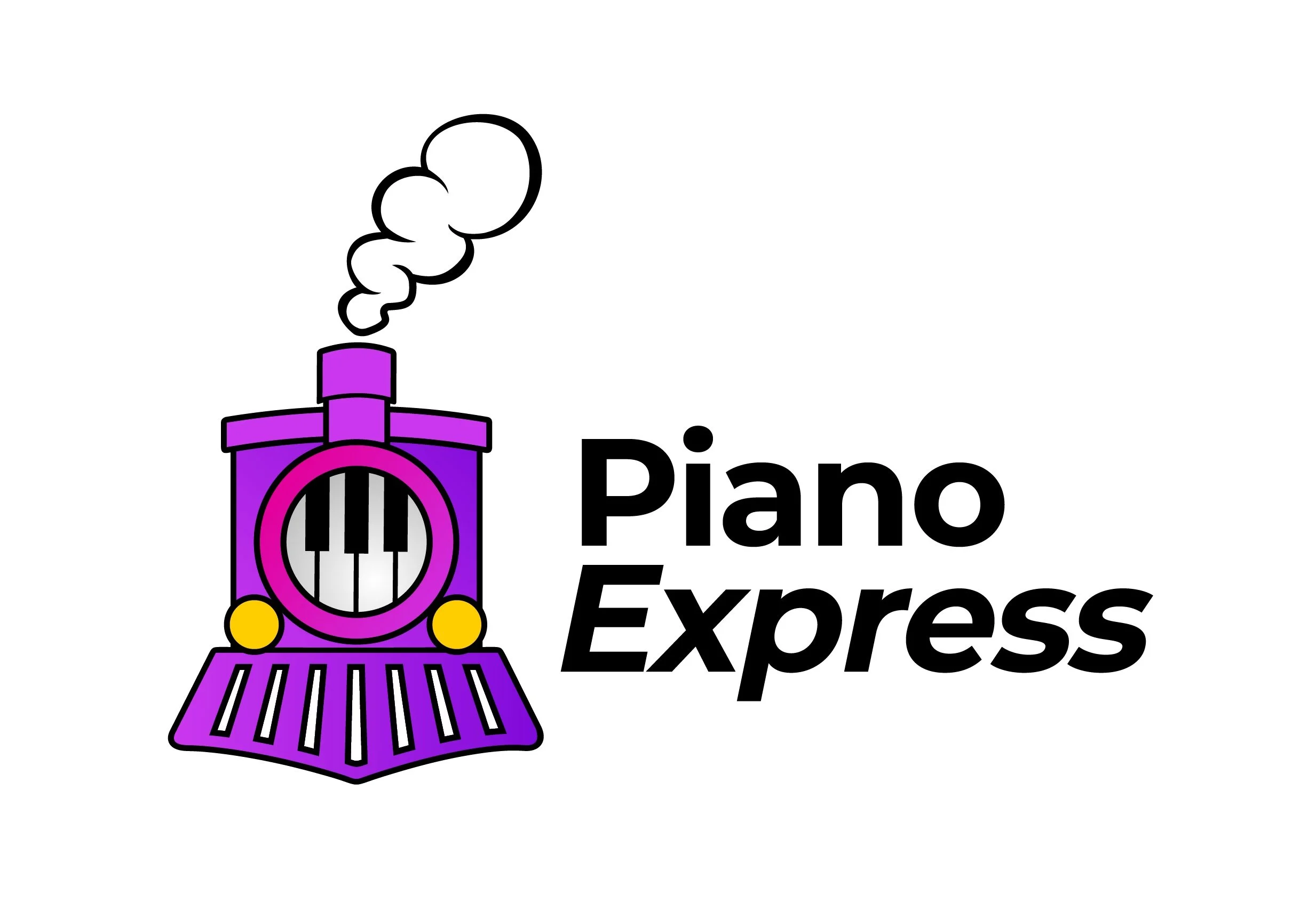 Piano Express logo, a purple train with a piano keyboard on the front