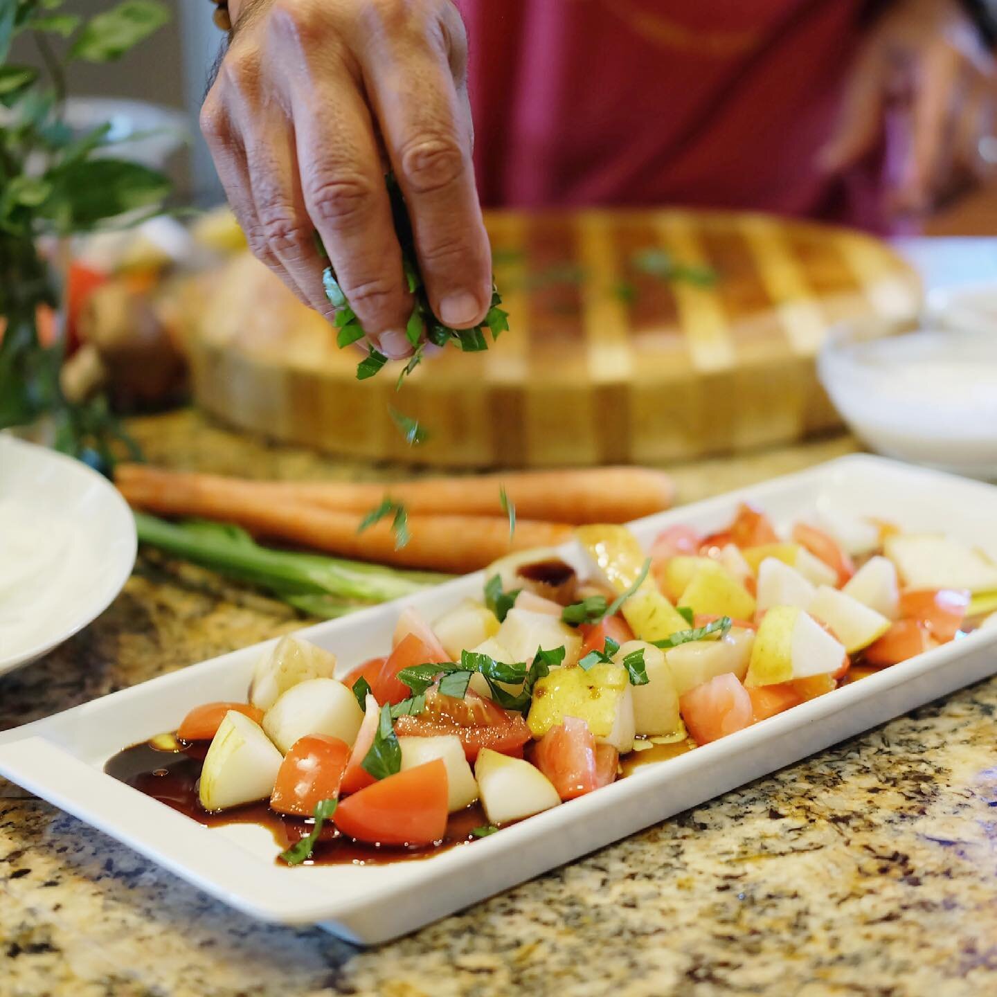 I love using whatever I have in the fridge to make tasty meals and side dishes for my family. I made an easy salad with cut fresh pears and tomatoes topped off with extra virgin olive oil and balsamic vinegar. Garnish with fresh basil. Don&rsquo;t fo
