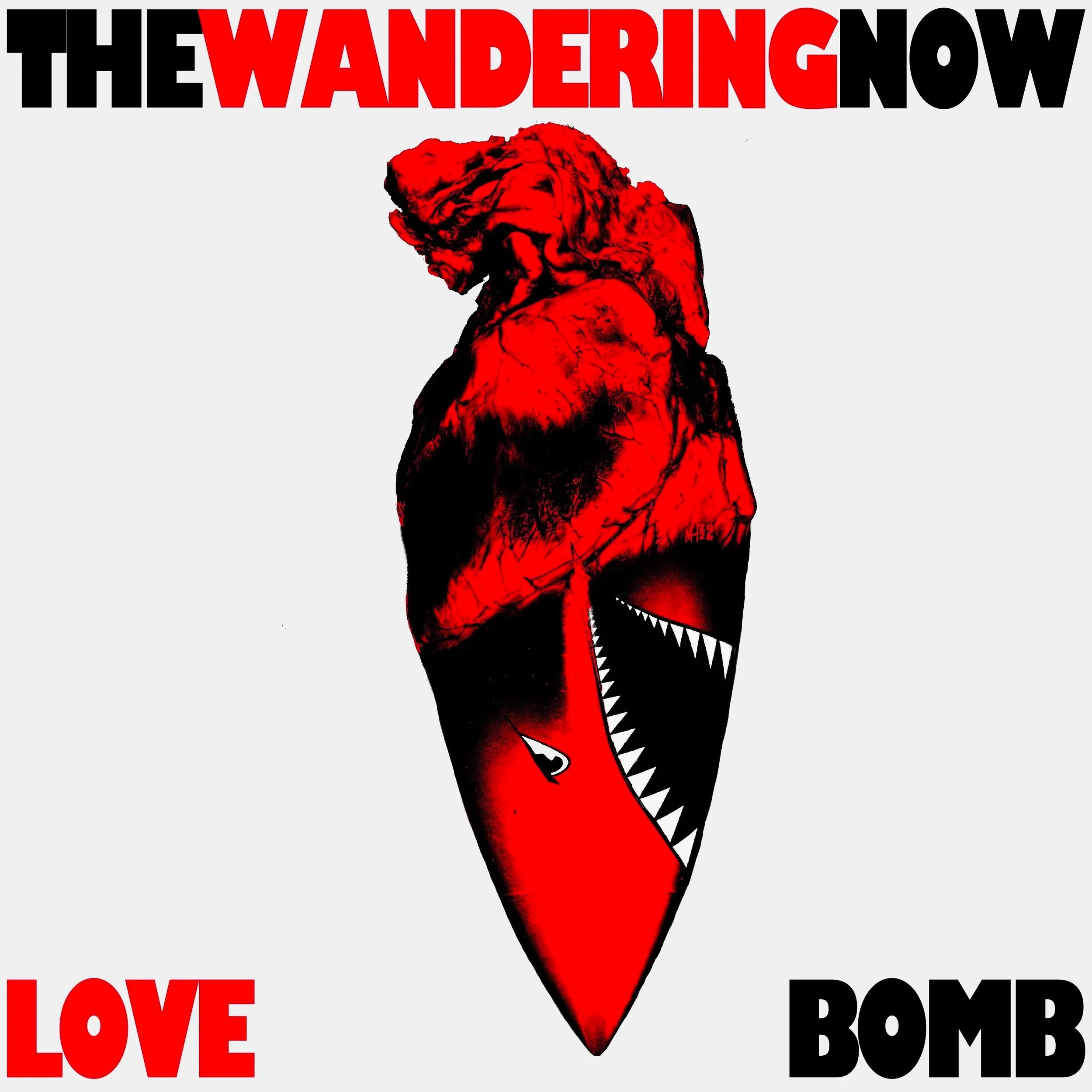 A bomb made of a comic shark head and a heart falling downwards