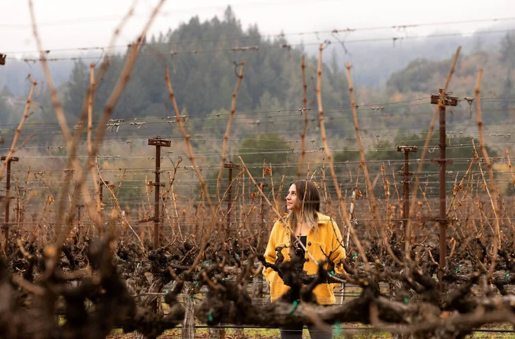 Kara in a picked-over vineyard