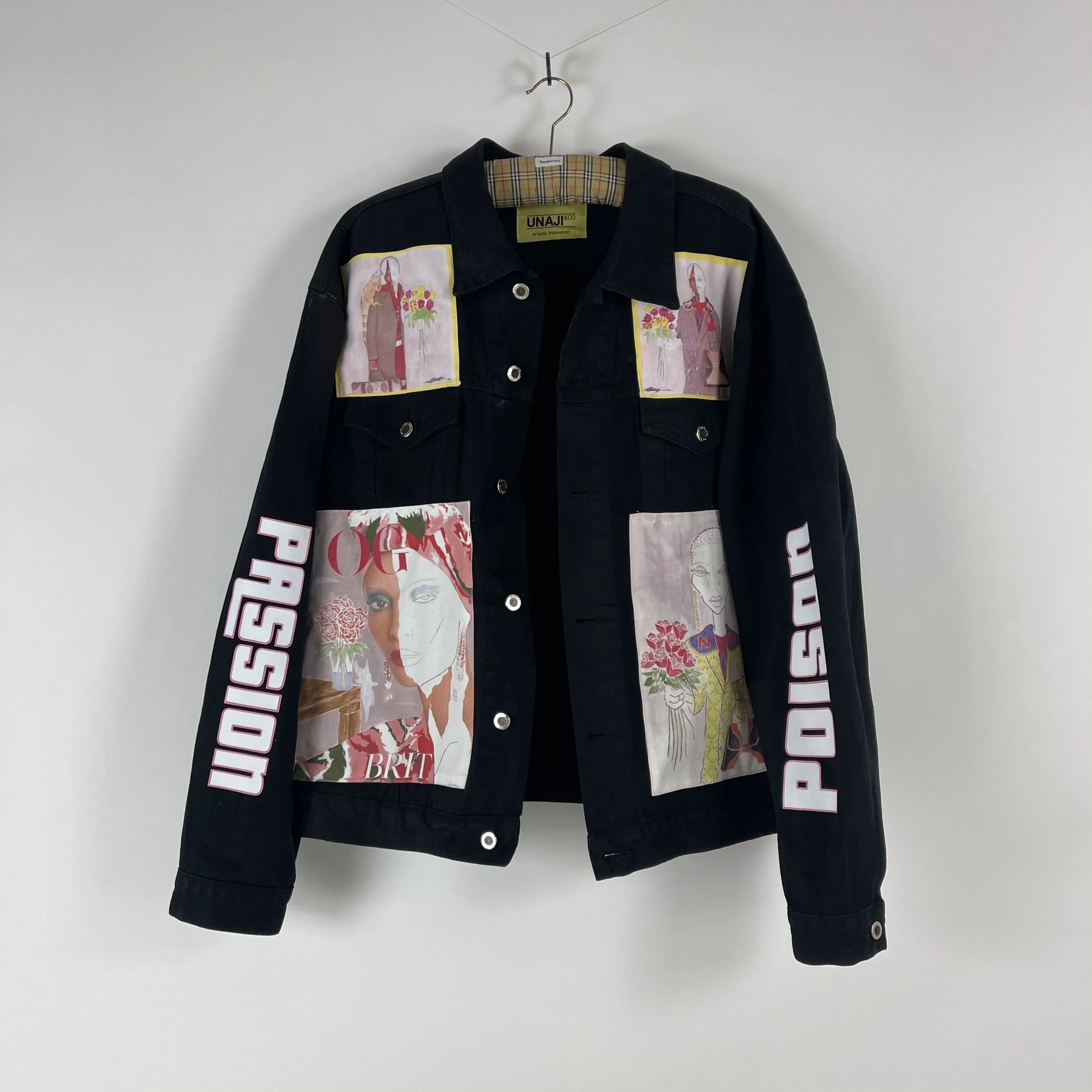 Blue Denim Jacket - Passion & PoisonUp-cycled denim jacket combining signature Unaji Pop Art with graphics and bold text. The theme of passion becoming poison, finding a balance.