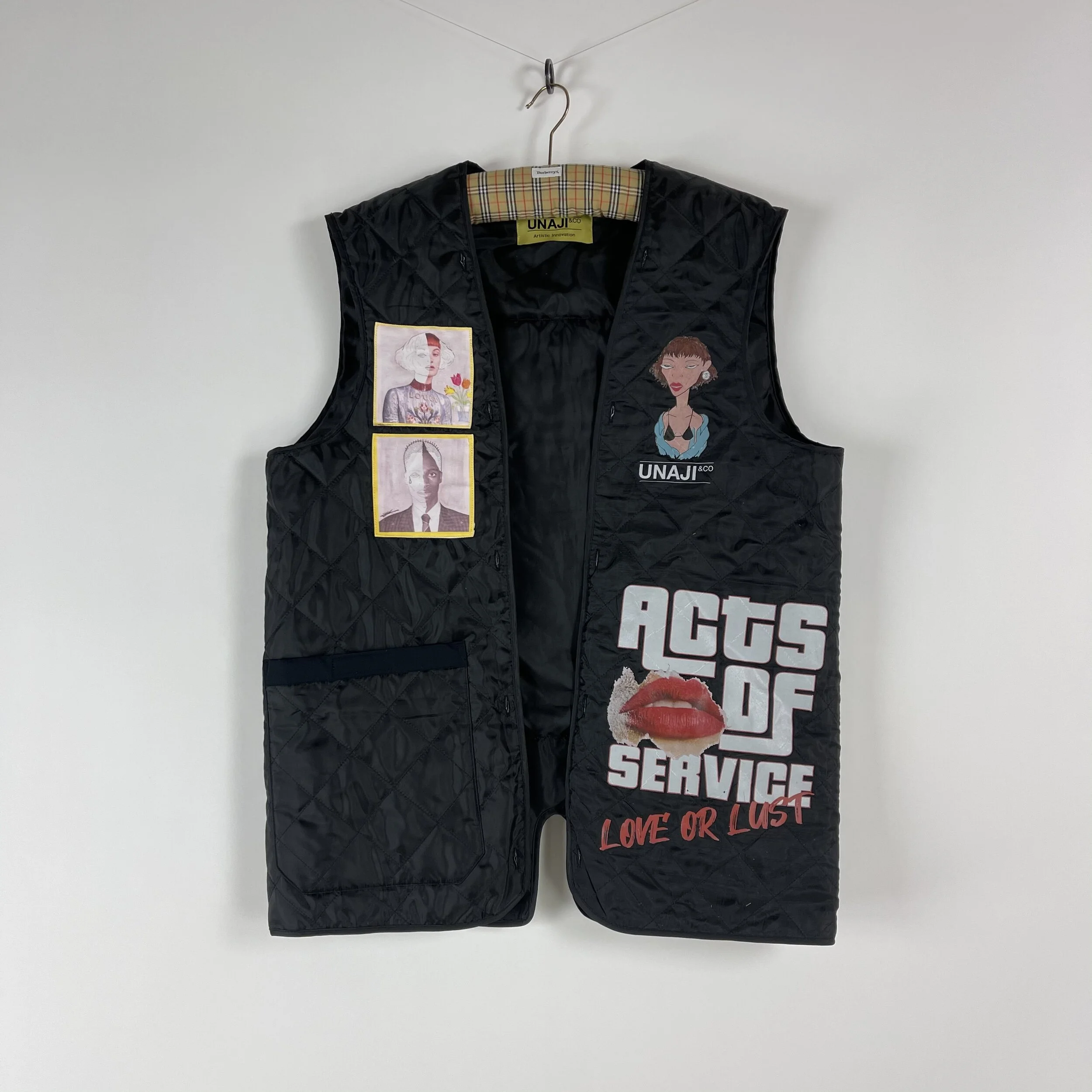 Black Illustrated Vest - Acts Of Service Combining vibrant patch work with quirky prints, exploring the theme of showcasing love & lust through acts of service.