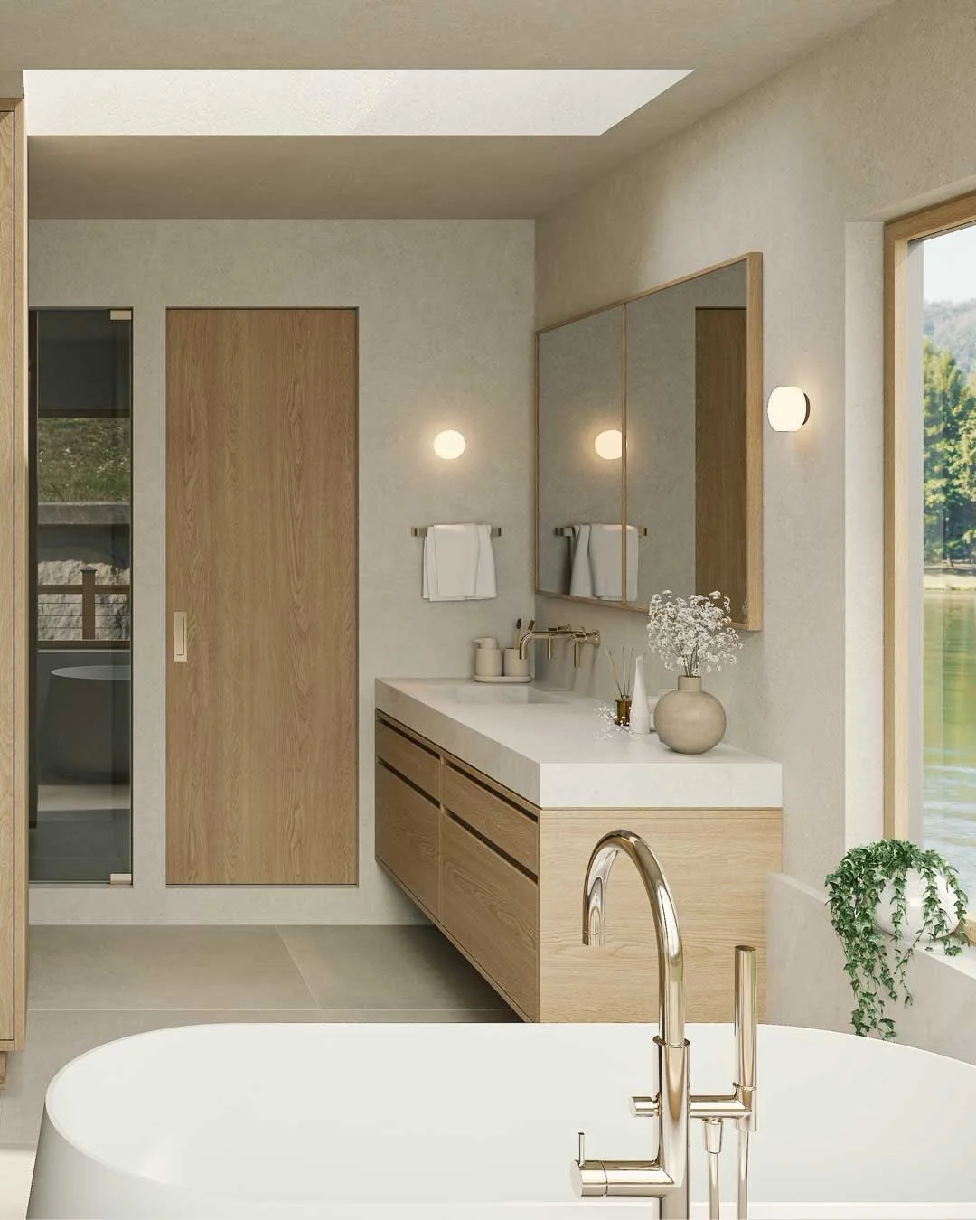 This oceanfront primary ensuite in our Deep Cove Modern major renovation was generously sized from the start, allowing for a spacious layout. Featuring dual vanities, a soaker tub overlooking the ocean, a separate shower room, and private water close