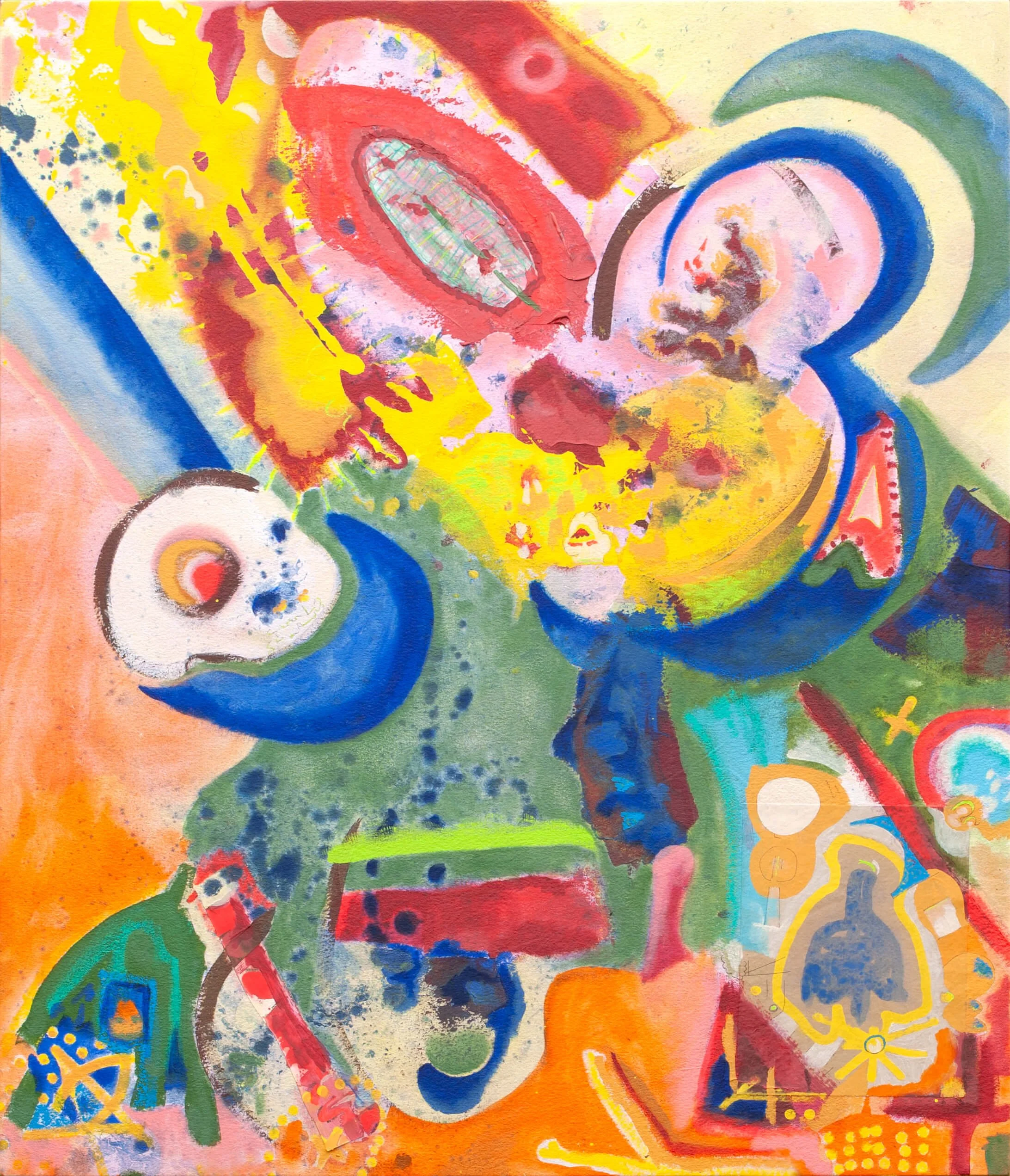  Angles are Correct (with O and E) , 2023   
Acrylic, cyanotype, newsprint, and crayon on canvas  
40 x 44 inches (76.2 x 111.8 cm)