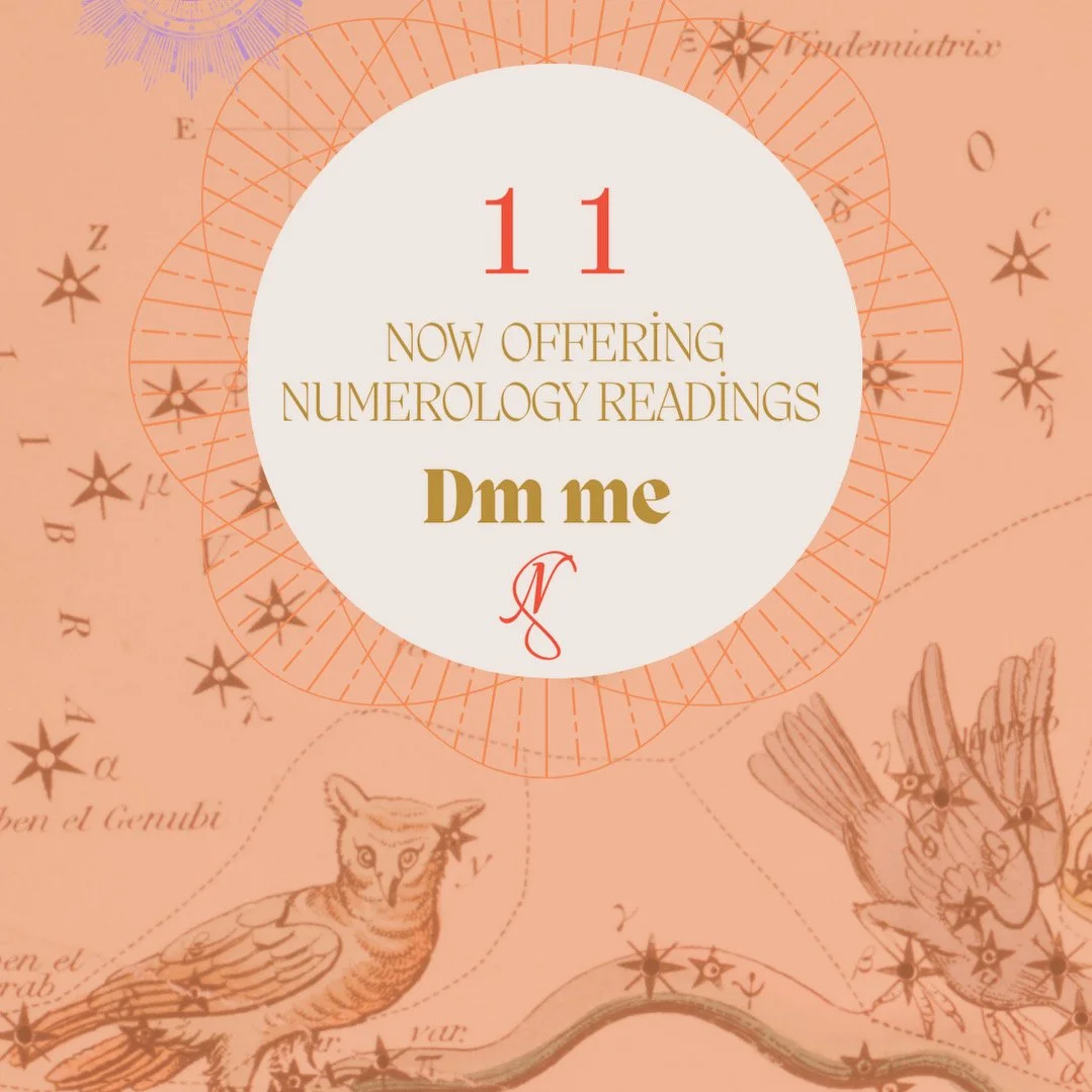 Announcing numerology readings offer, featuring zodiac and constellation designs on a peach background.