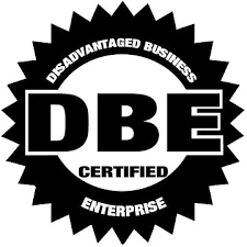 DBE Certified logo, indicating Disadvantaged Business Enterprise certification in a black and white starburst design.