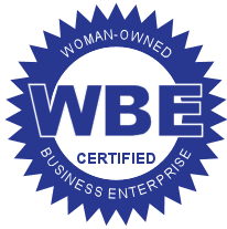 WBE Certified logo, blue seal for Woman-Owned Business Enterprise certification.