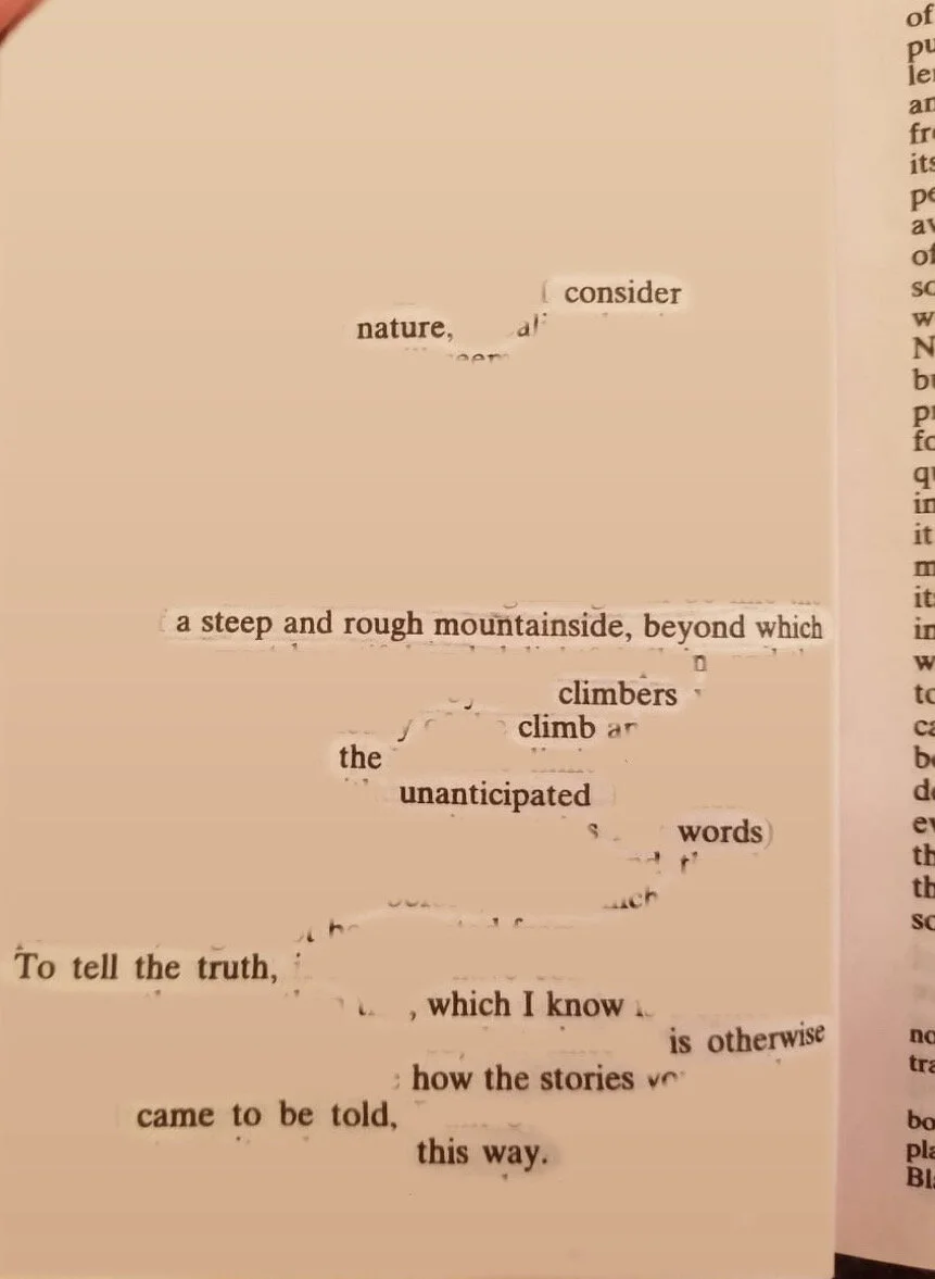 Consider nature:
A steep and rough mountainside, beyond which climbers climb
unanticipated words
to tell the truth, which I know
is otherwise how the stories 
came to be told this way—