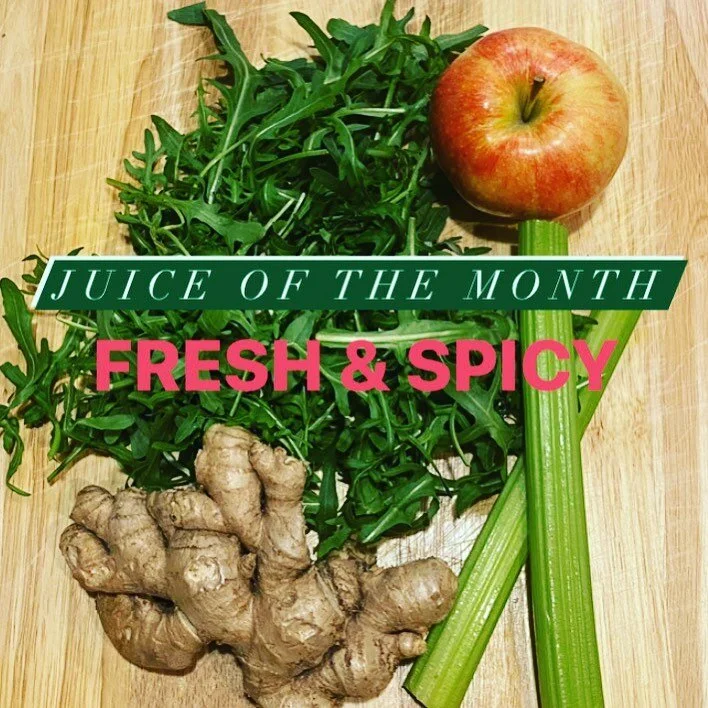 Juice of the Month for March! 
🍎🥬FRESH &amp; SPICY🥬🌶 
This month came in like a lamb...and so will go out like a lion. F&amp;S is a personal favorite from early on. Arugula has a fantastic pepper flavor, along with the ginger for an extra kick (a