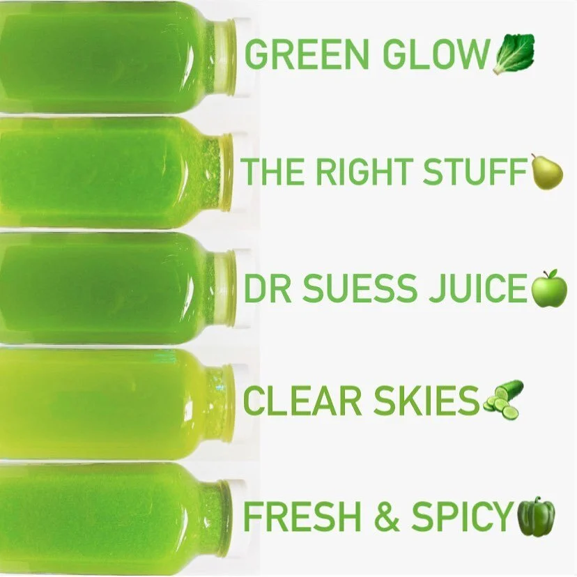 🍀Get Your Green On!🍀Feeling lucky? With St. Patty&rsquo;s coming up next week, think about offsetting those glasses of Guinness with a little green goodness😋 
🥬Green Glow (Customer Favorite!)
🍐The Right Stuff (A bestseller)
🍏Dr. Suess Juice (Ki