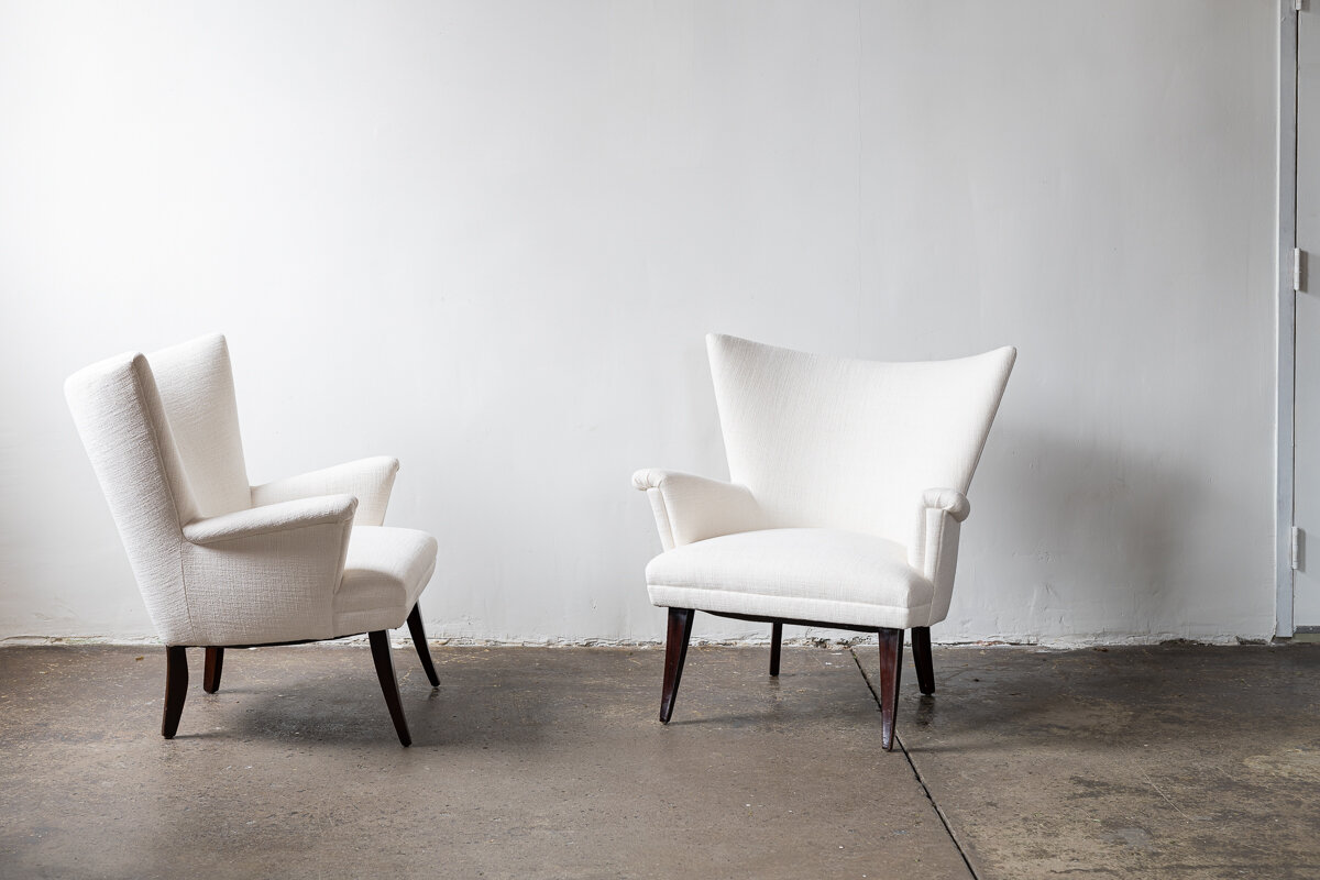 Pair of White Linen Wingback Chairs