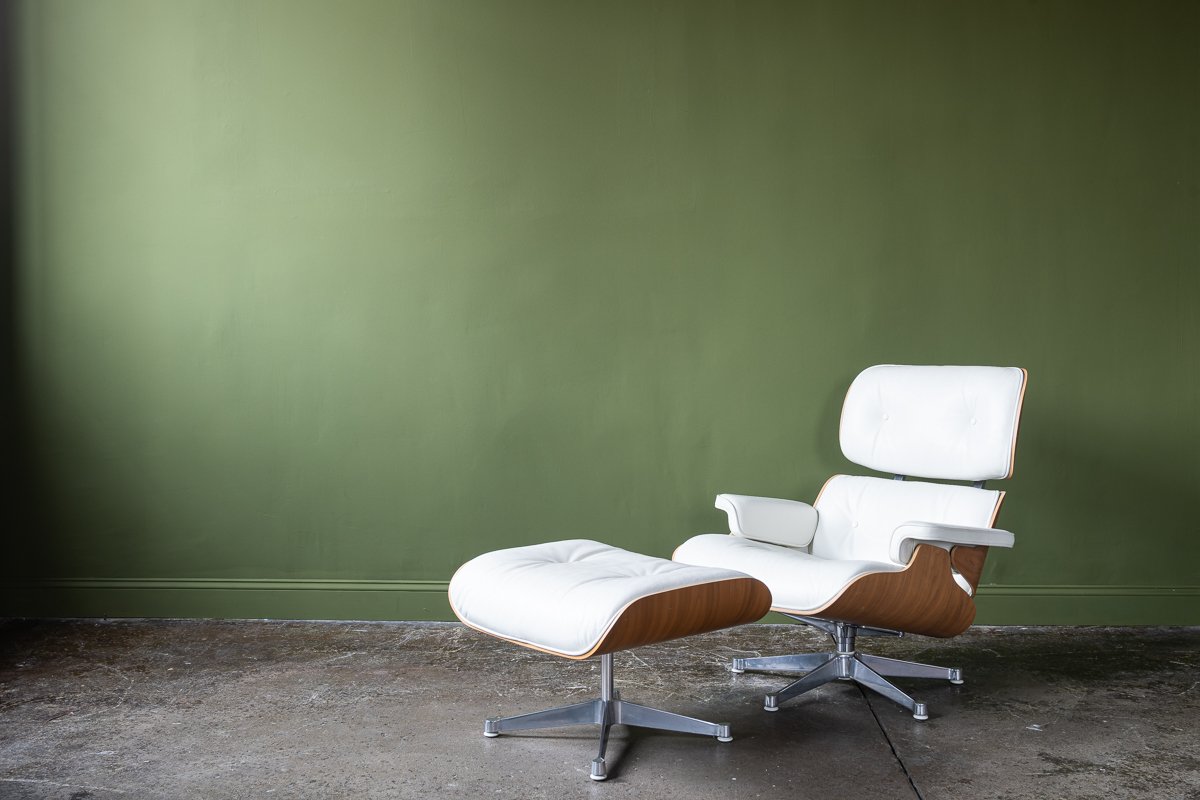 Eames White Leather Lounge Chair and Ottoman