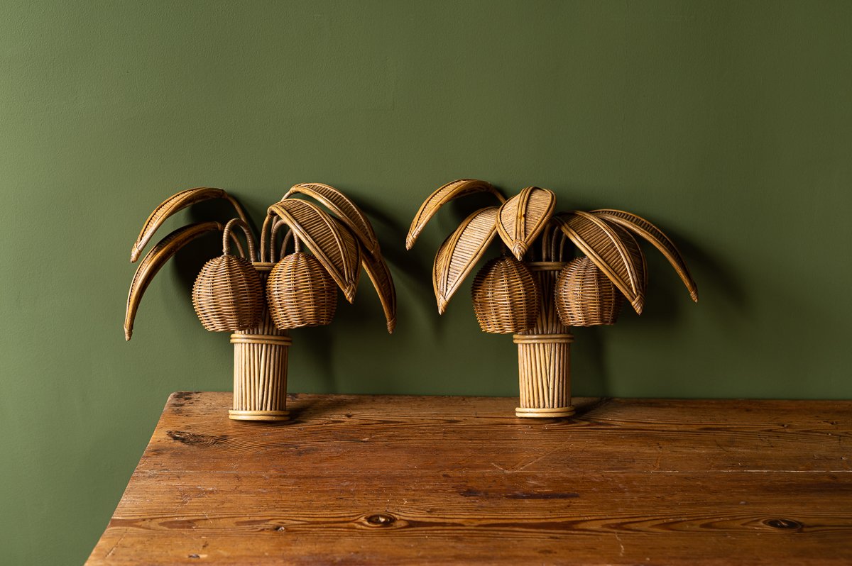 Pair of Vintage Rattan Palm Tree Sconces