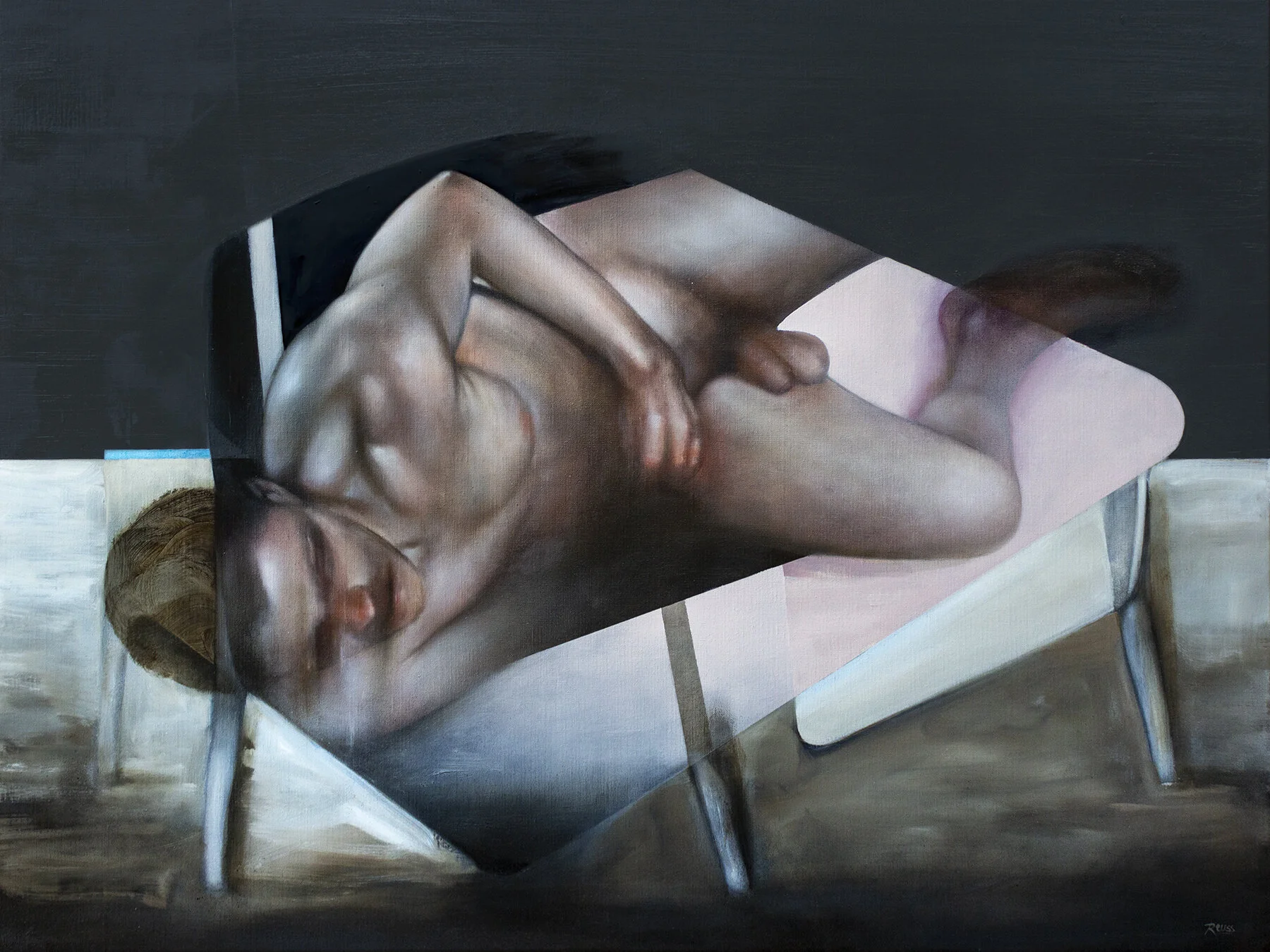 DAYBED EPISODE. Oils, acrylics, spray paint & charcoal on canvas, 90x120 cm. 2020