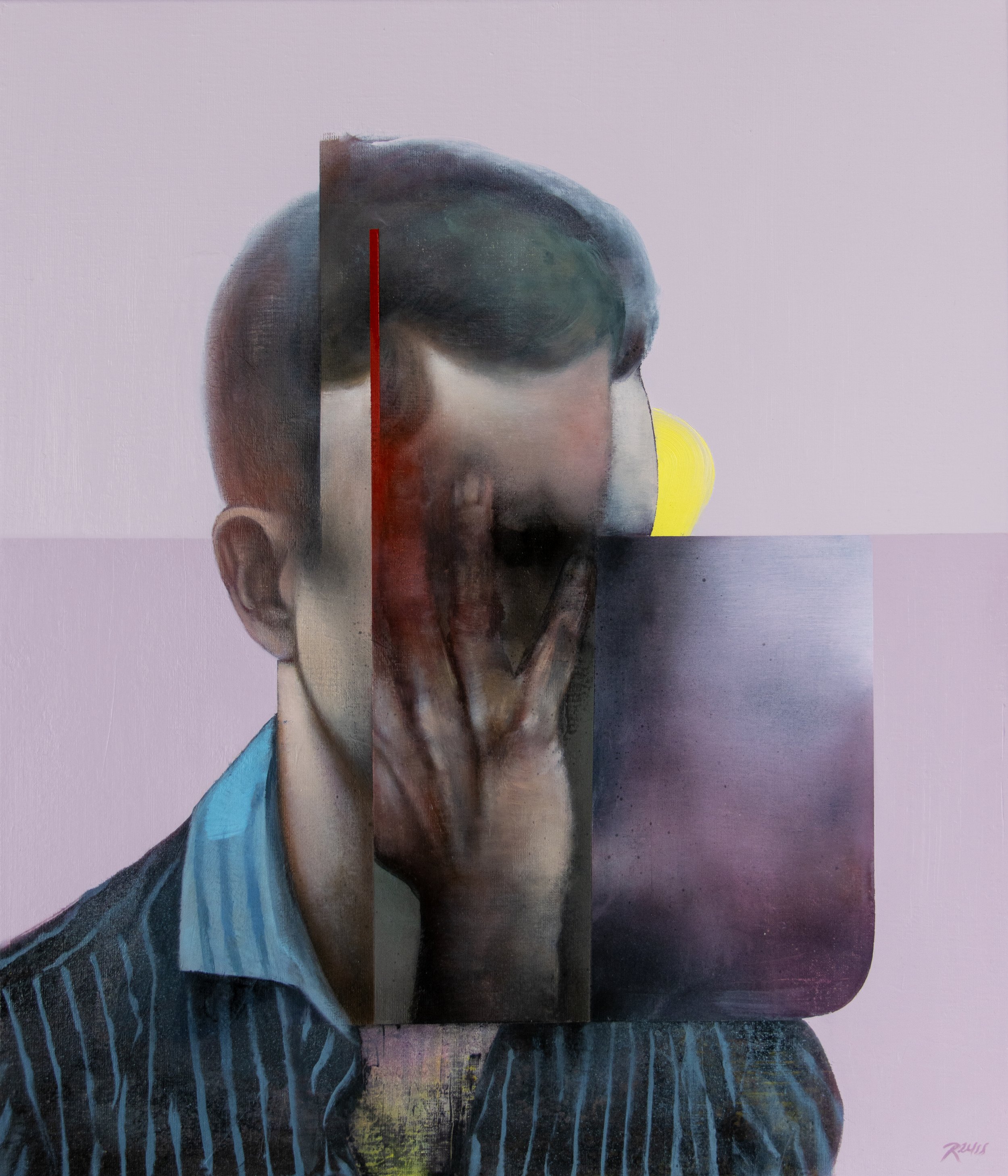 HE HIDES. Acrylics, oils and spray paint on canvas. 70x60cm. 2024.