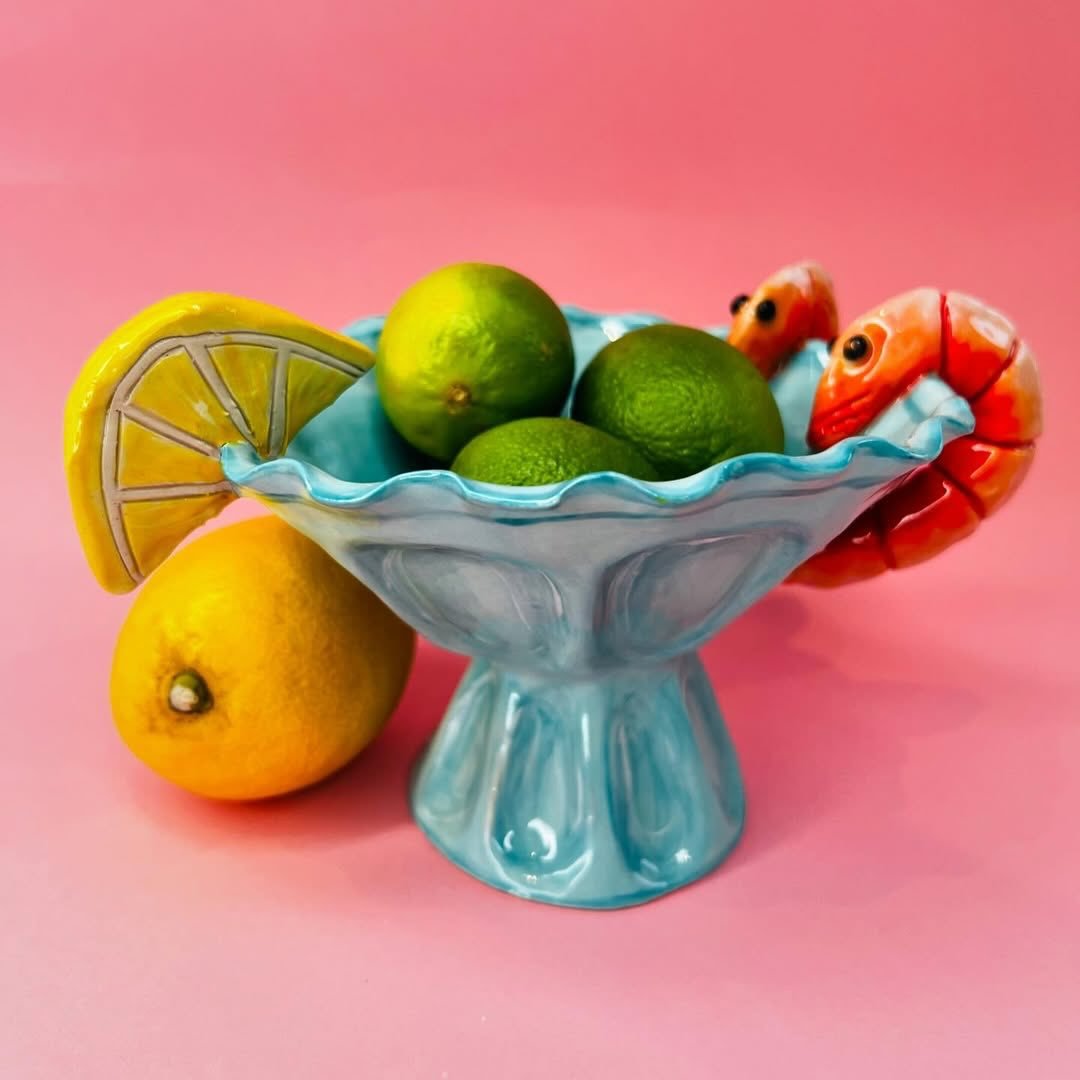 These handcrafted, joy filled ceramics are designed for la dolce vita! Featuring colourful mediterranean themes like giant prawns, spritz cocktails and colourful portraits. 

Rose returns to Salad Days Market with a beautiful new range of tableware p