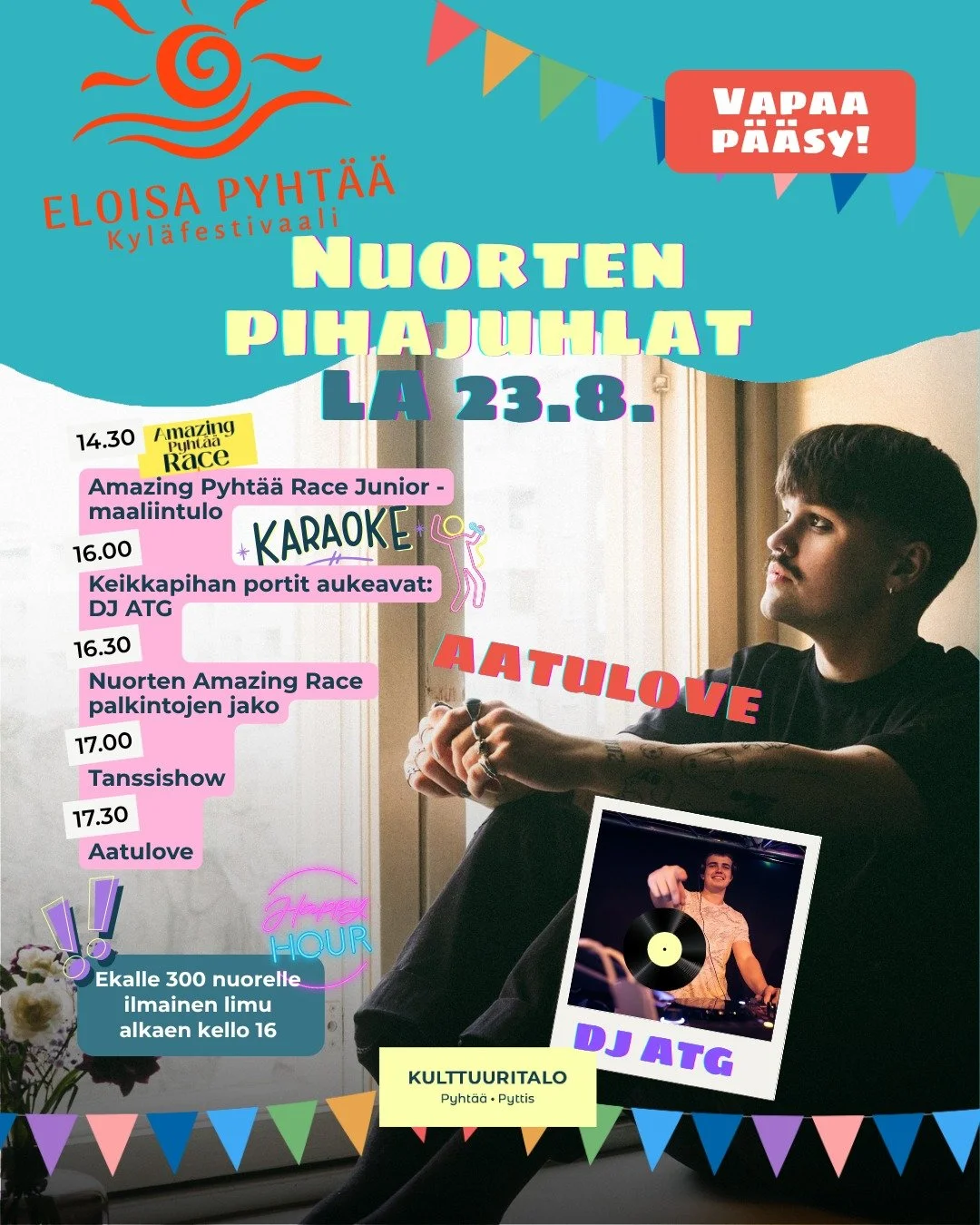 Kiitos kun otat nuoret mukaan tai käyt tuuppaamassa heidät lauantaina meidän pihalle, sillä Eloisa Pyhtään Nuorten Pihajuhlat tapahtuu silloin! 😊
Päivätapahtumassa juhlitaan Amazing Race Pyhtää Juni