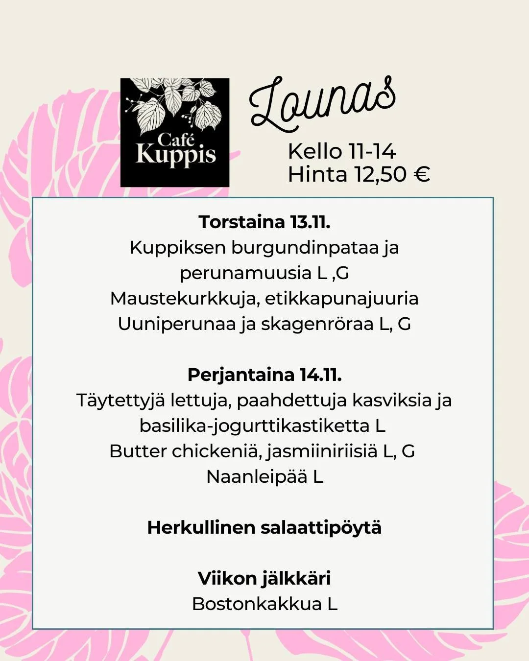 ✨Tule toivelounaalle, saatat l&ouml;yt&auml;&auml; uuden lempilounaasi. 😍 Kahtena p&auml;iv&auml;n&auml; viikossa tarjoamme kaksi herkullista p&auml;&auml;ruokaa sek&auml; huolella mietityn salaattip&ouml;yd&auml;n t&auml;ydent&auml;m&auml;&auml;n a