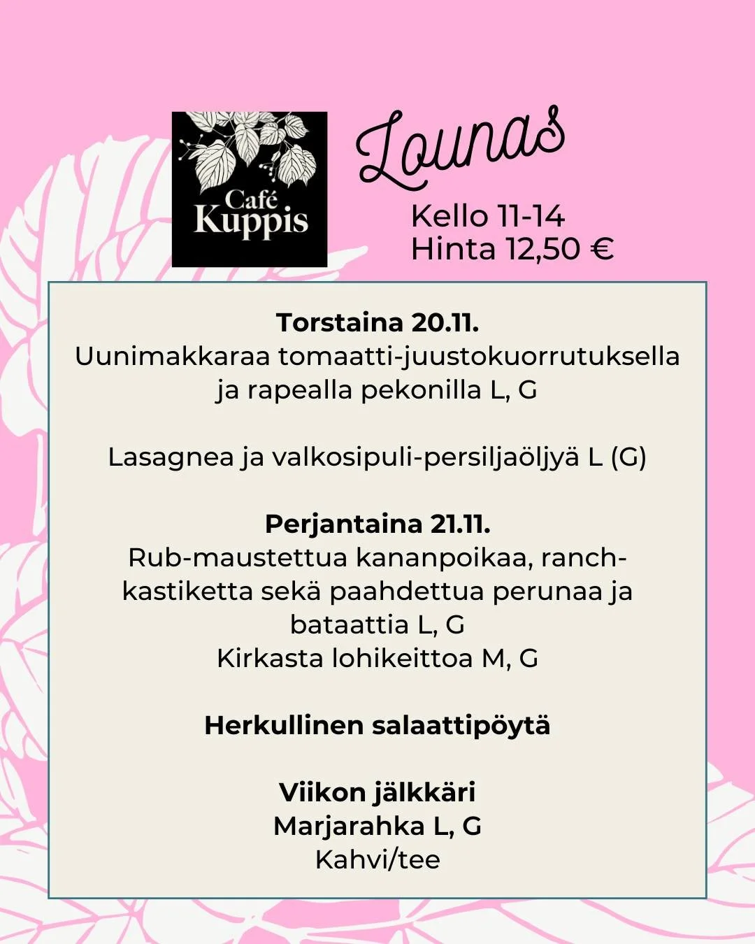 ✨Tule toivelounaalle, saatat l&ouml;yt&auml;&auml; uuden lempilounaasi. Kahtena p&auml;iv&auml;n&auml; viikossa tarjoamme kaksi herkullista p&auml;&auml;ruokaa sek&auml; huolella mietityn salaattip&ouml;yd&auml;n t&auml;ydent&auml;m&auml;&auml;n anno