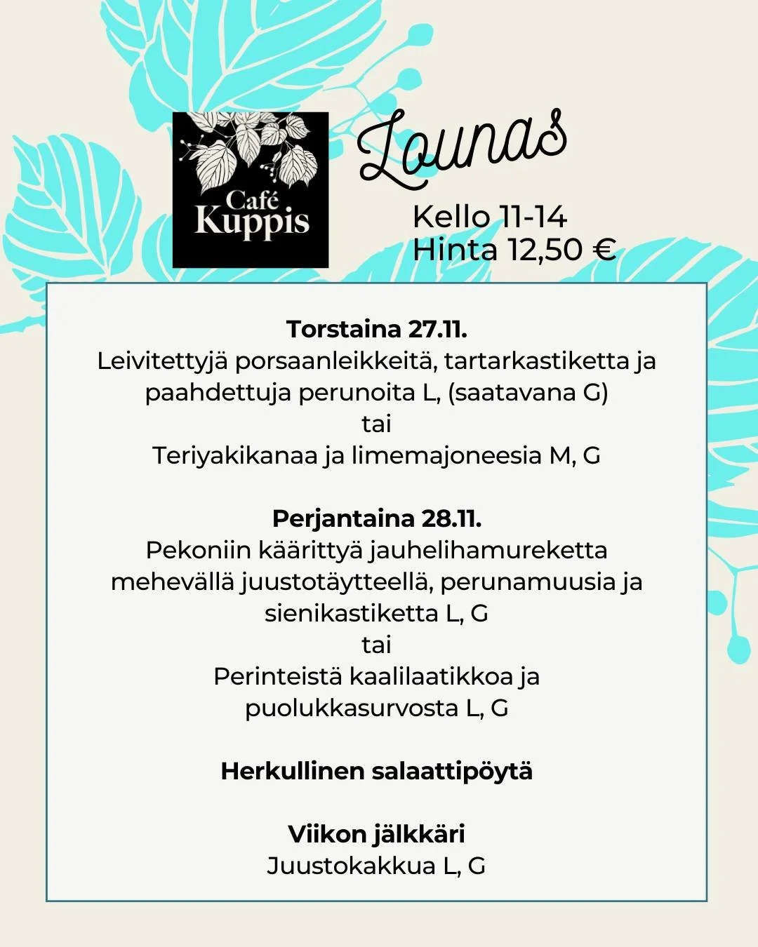 ✨ Jos viel&auml; mietit lounaspaikkaa torstaille ja perjantaille, toiveesi on kuultu.  Meill&auml; on molempina p&auml;ivin&auml; vain herkullisia toivelounaita ja muita lempiannoksia &ndash; se astetta parempi lounas. J&auml;lkk&auml;riksi suussasul