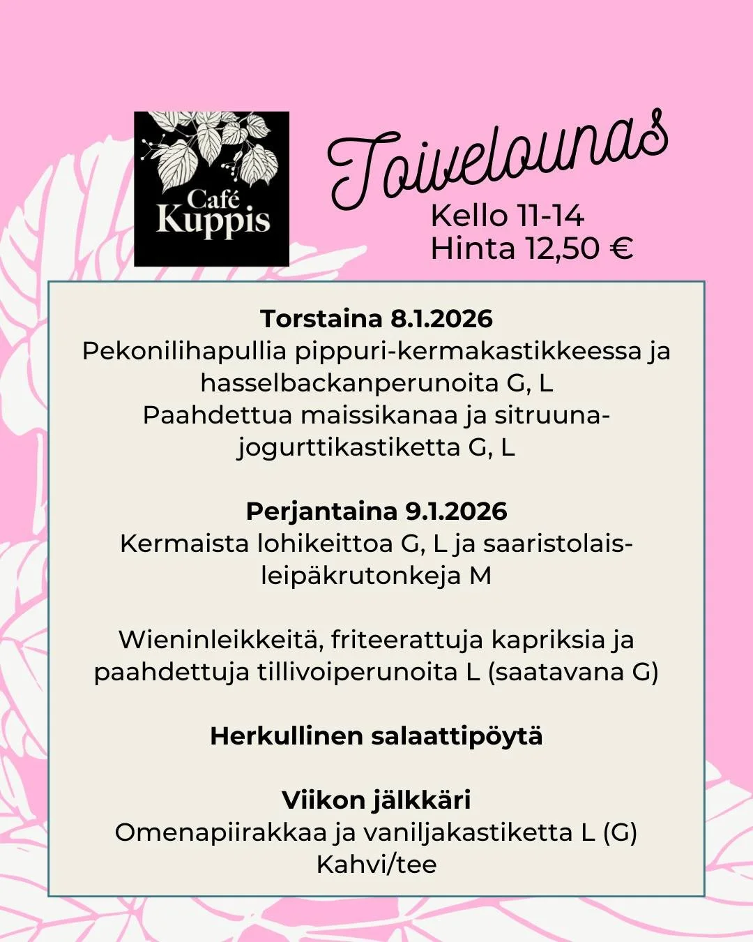 😊 Toivelounas jatkuu! Herkullinen toivelounas torstaisin ja perjantaisin sis&auml;lt&auml;&auml; kaksi p&auml;&auml;ruokaa, raikkaan ja huolella mietityn salaattip&ouml;yd&auml;n sek&auml; ihanan j&auml;lkk&auml;rin. Taattua Kuppis-laatua, ja omassa