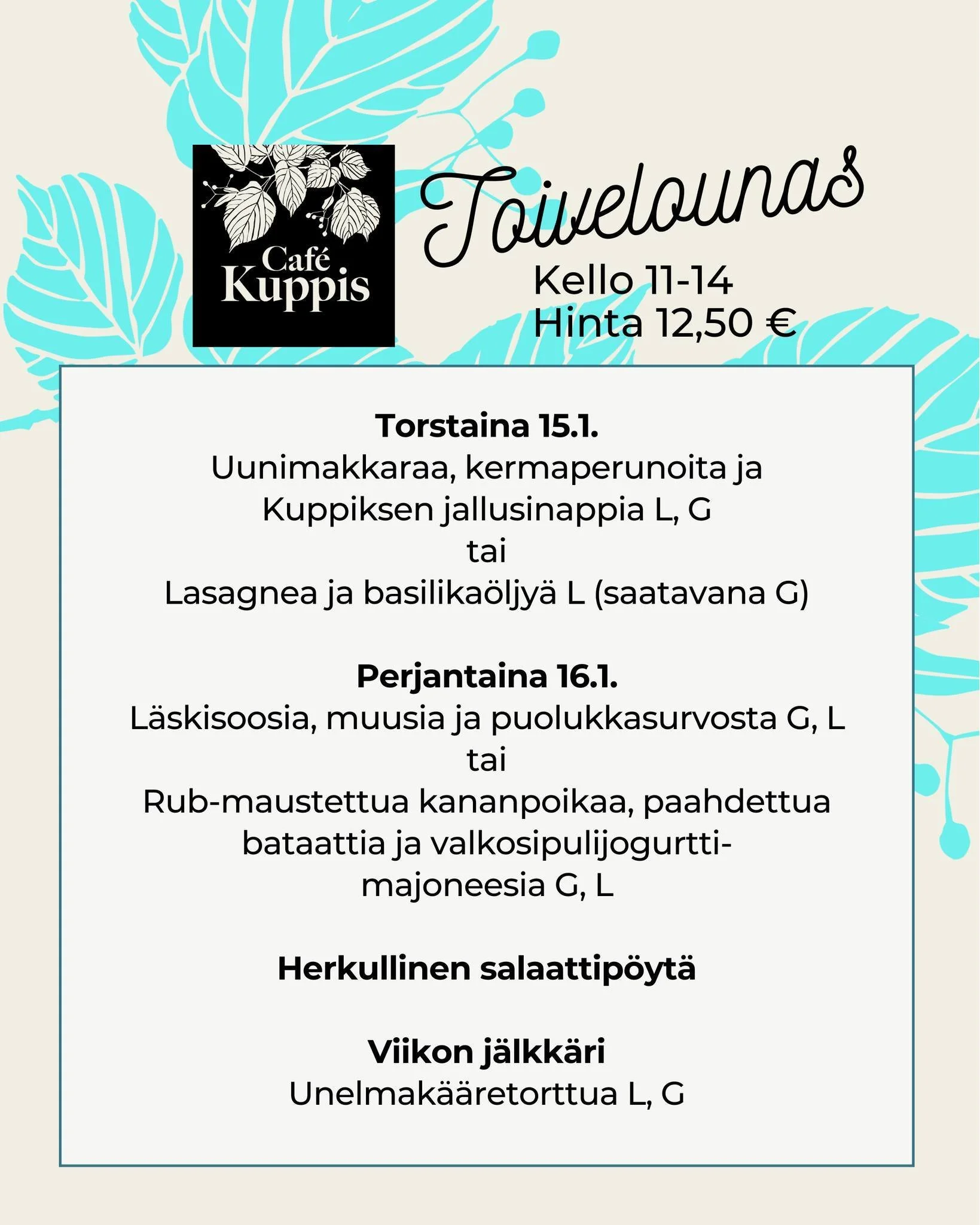 👌 Tervetuloa toivelounaalle &ndash; ehk&auml; l&ouml;yd&auml;t uuden lempilounaasi!  Kahtena p&auml;iv&auml;n&auml; viikossa tarjoamme kaksi herkullista ja runsasta p&auml;&auml;ruokaa sek&auml; huolella mietityn salaattip&ouml;yd&auml;n t&auml;yden