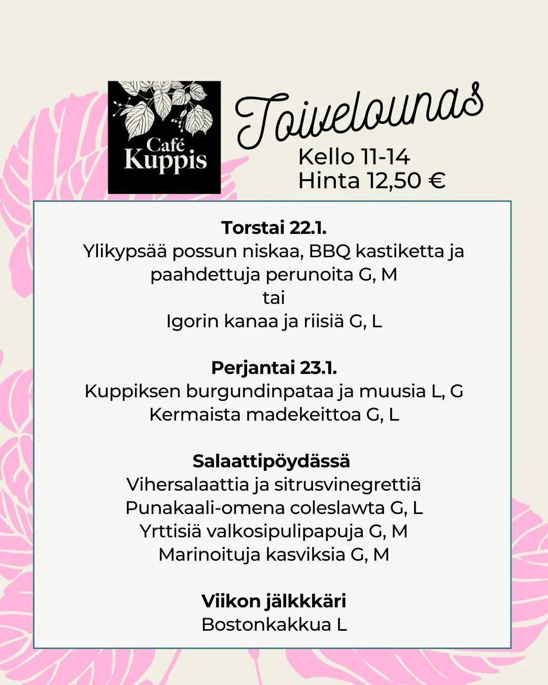👏 Lemppareita ja kestosuosikkeja. Taattua laatua, ja omassa keitti&ouml;ss&auml; tehty&auml; &ndash; se astetta parempi lounas. Tule maistamaan, ja ota kaverikin mukaan!

🍽️ Torstai 22.1.
Ylikyps&auml;&auml; possun niskaa, BBQ kastiketta ja paahdet