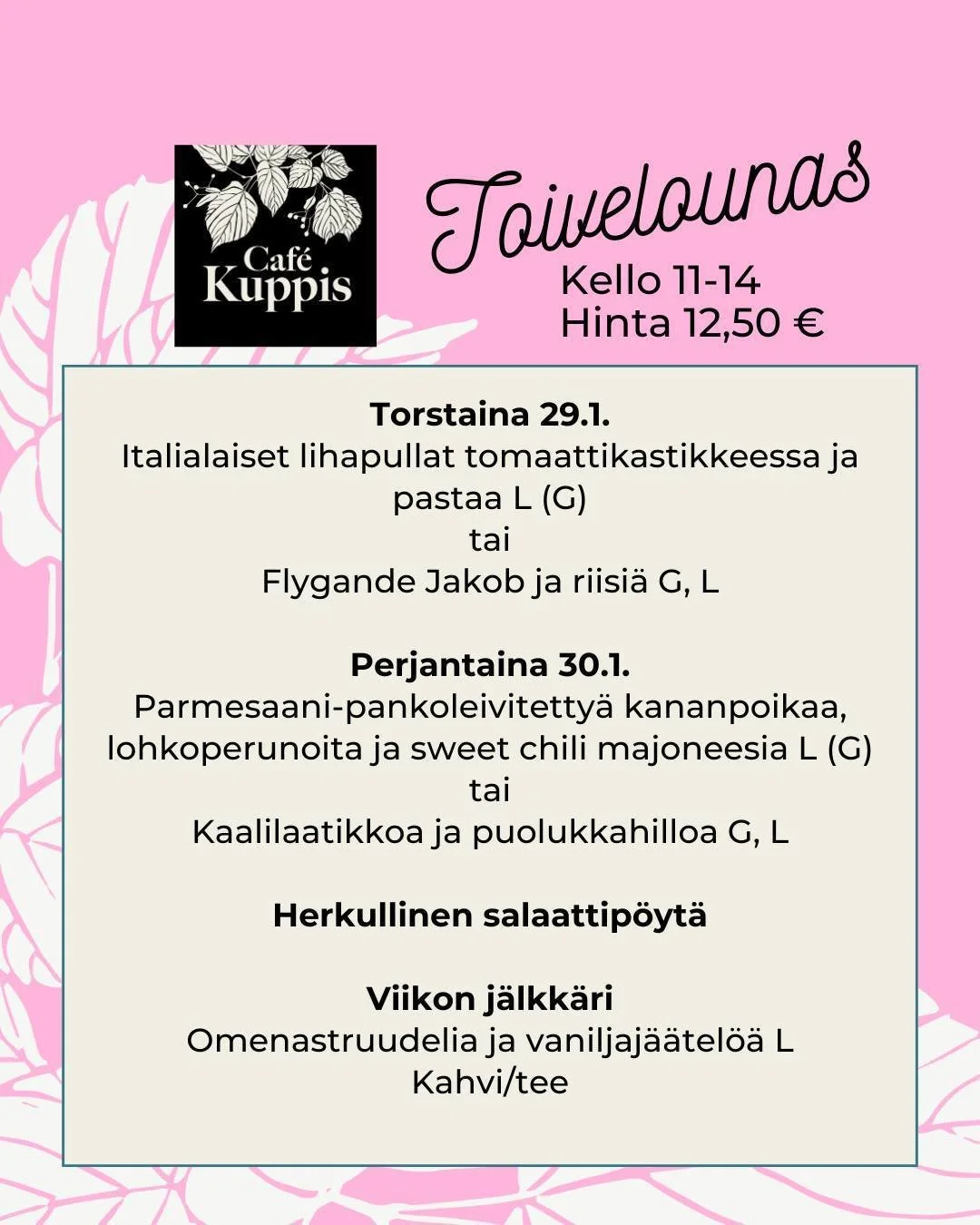 🌸 Tervetuloa toivelounaalle &ndash; ehk&auml; l&ouml;yd&auml;t uuden lempilounaasi!  Kahtena p&auml;iv&auml;n&auml; viikossa tarjoamme kaksi herkullista ja runsasta p&auml;&auml;ruokaa sek&auml; huolella mietityn salaattip&ouml;yd&auml;n t&auml;yden