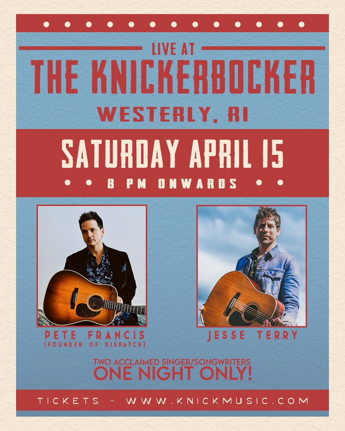 Hometown Westerly, RI show coming up on April 15th w/ @petefrancis3 @knickmusicri ⚡️ ⚡️ Grad discounted advance tickets on my website &amp; save 5 bucks! Excited to see y'all there &amp; play you some brand new tunes!