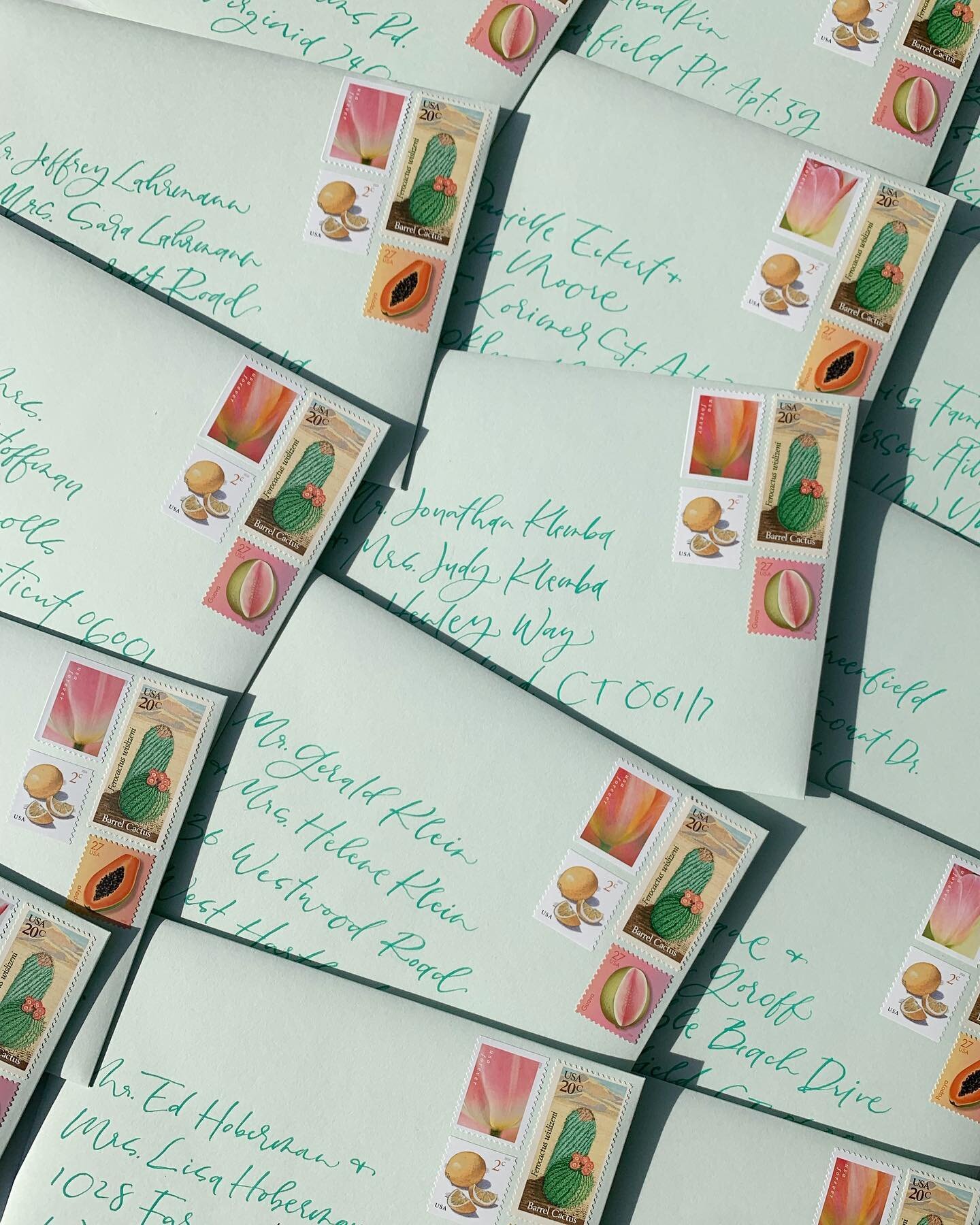 Can we take a moment for the stamps? 🌷🌵🍋 🍉
&bull;
A combination of current and vintage postage for Emily &amp; Austin&rsquo;s wedding in Palm Springs.
&bull;
&bull;
&bull;
&bull;
&bull;
#weddinginvitations 
#weddinginvitation 
#weddinginvites 
#w