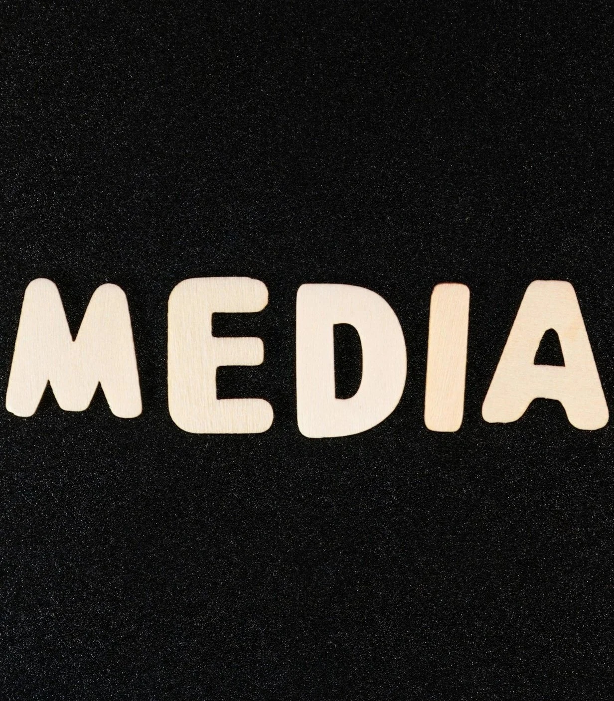 Wooden letters spelling 'MEDIA' on a black background.