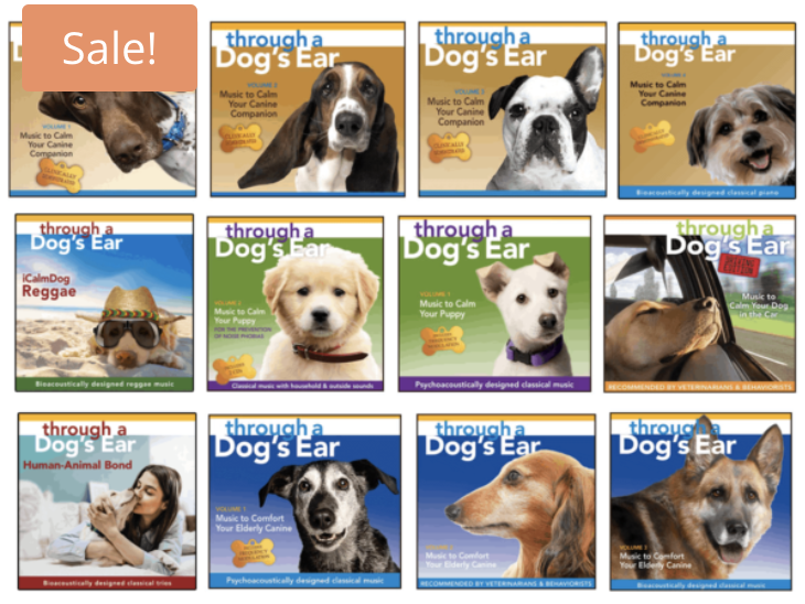 A collage of twelve dog-themed music album covers, each featuring a different dog breed or cartoon dog, with titles and colorful backgrounds.