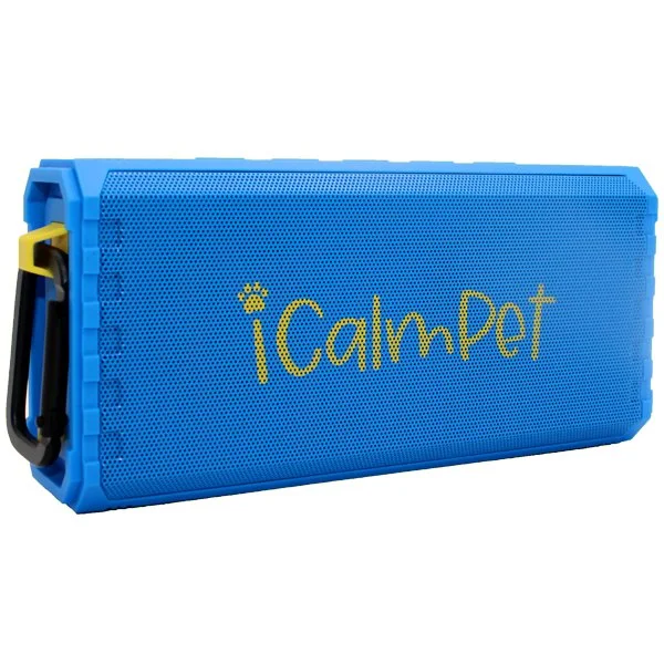 A blue portable speaker with the brand name iCalmPet written in yellow on the front.