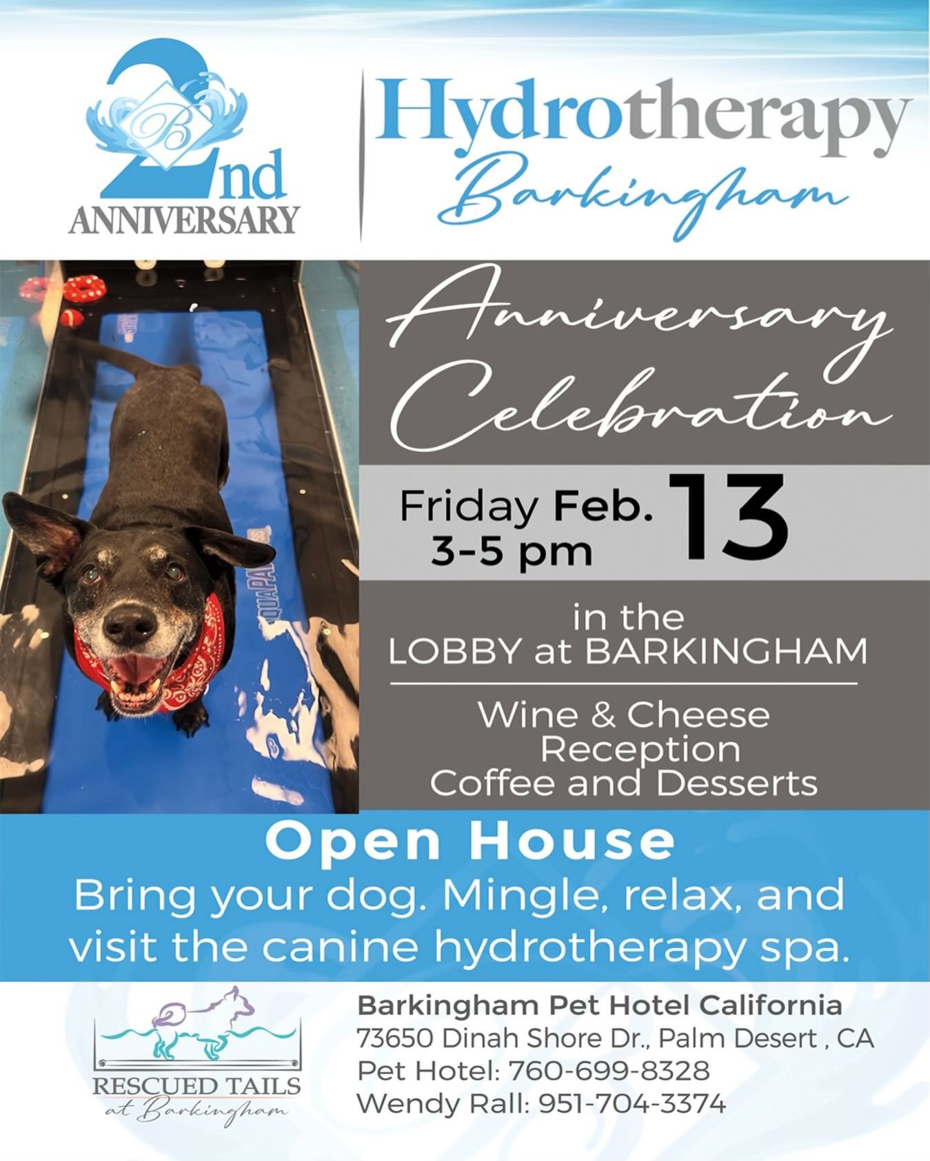 Have you been to the Canine Wellness Spa at Barkingham Pet Hotel yet? 🐾
Come celebrate our 2nd Anniversary and see where dogs come to feel their very best.

Friday, Feb 13 | 3&ndash;5 PM
📍 73650 Dinah Shore Drive, Palm Desert, CA
🍷 Wine &amp; chee