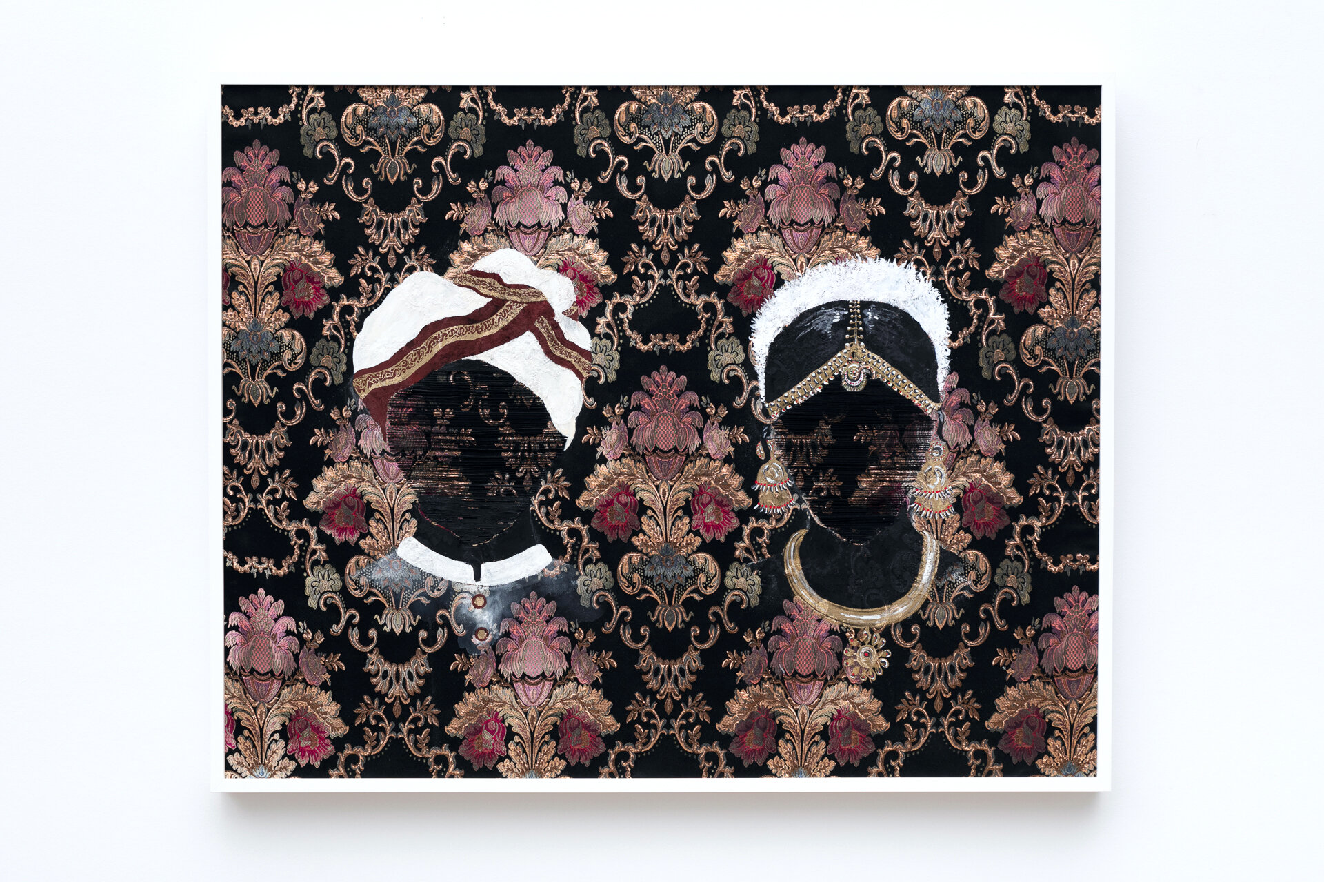 "Wedded Bliss," 2019, acrylic, embroidery floss, found fabric, 40" x 48"
