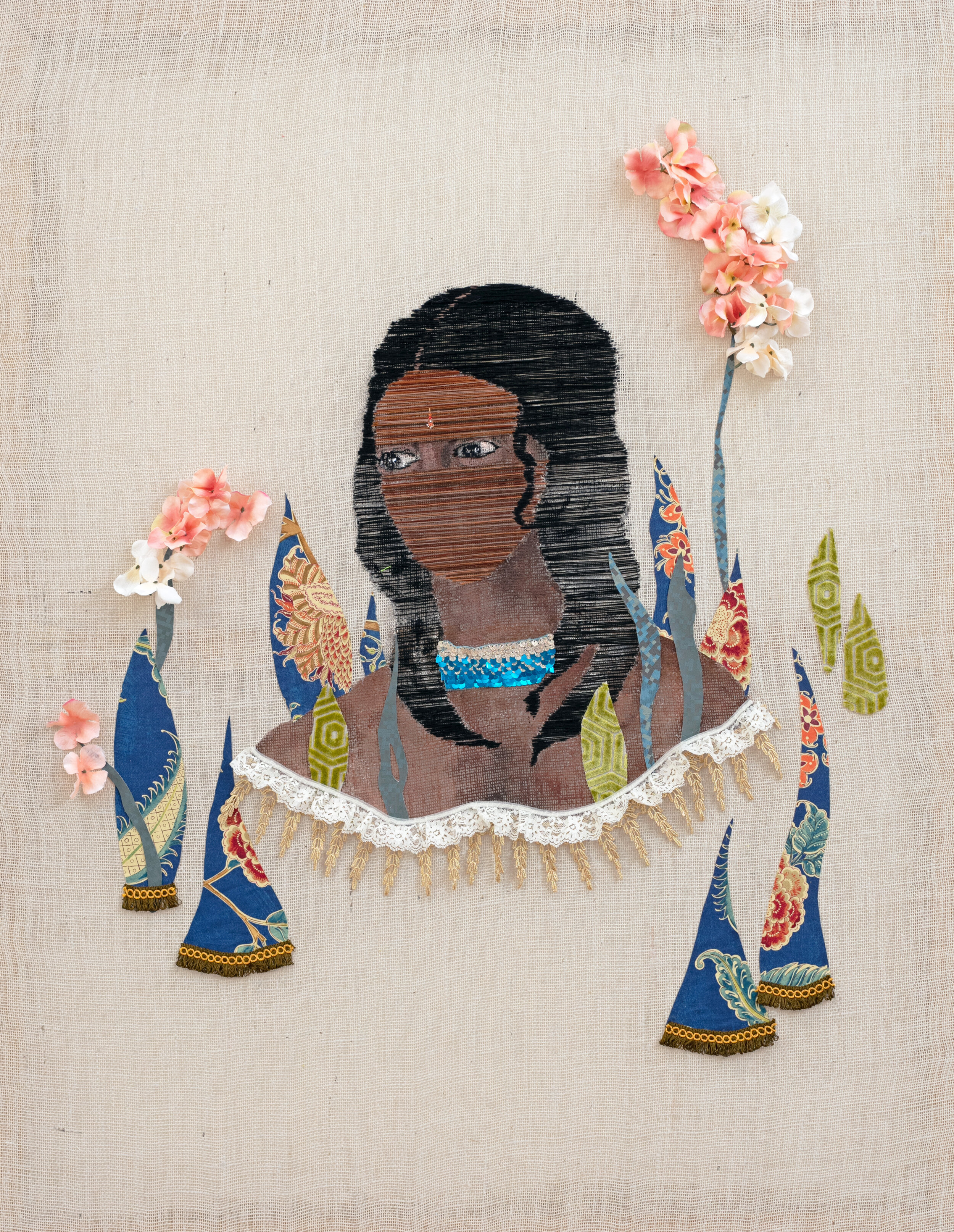 "an avid reader," 2020, embroidery floss, acrylic, fiber, and faux plants on burlap, 54" x 42"