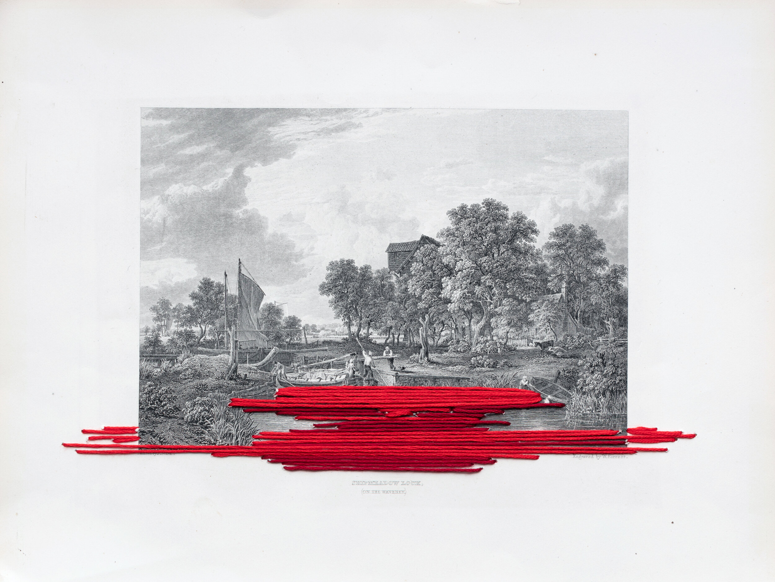 "depth and boundless breadth," 2019, embroidery floss and 19th C. colonial print, 10" x 12"