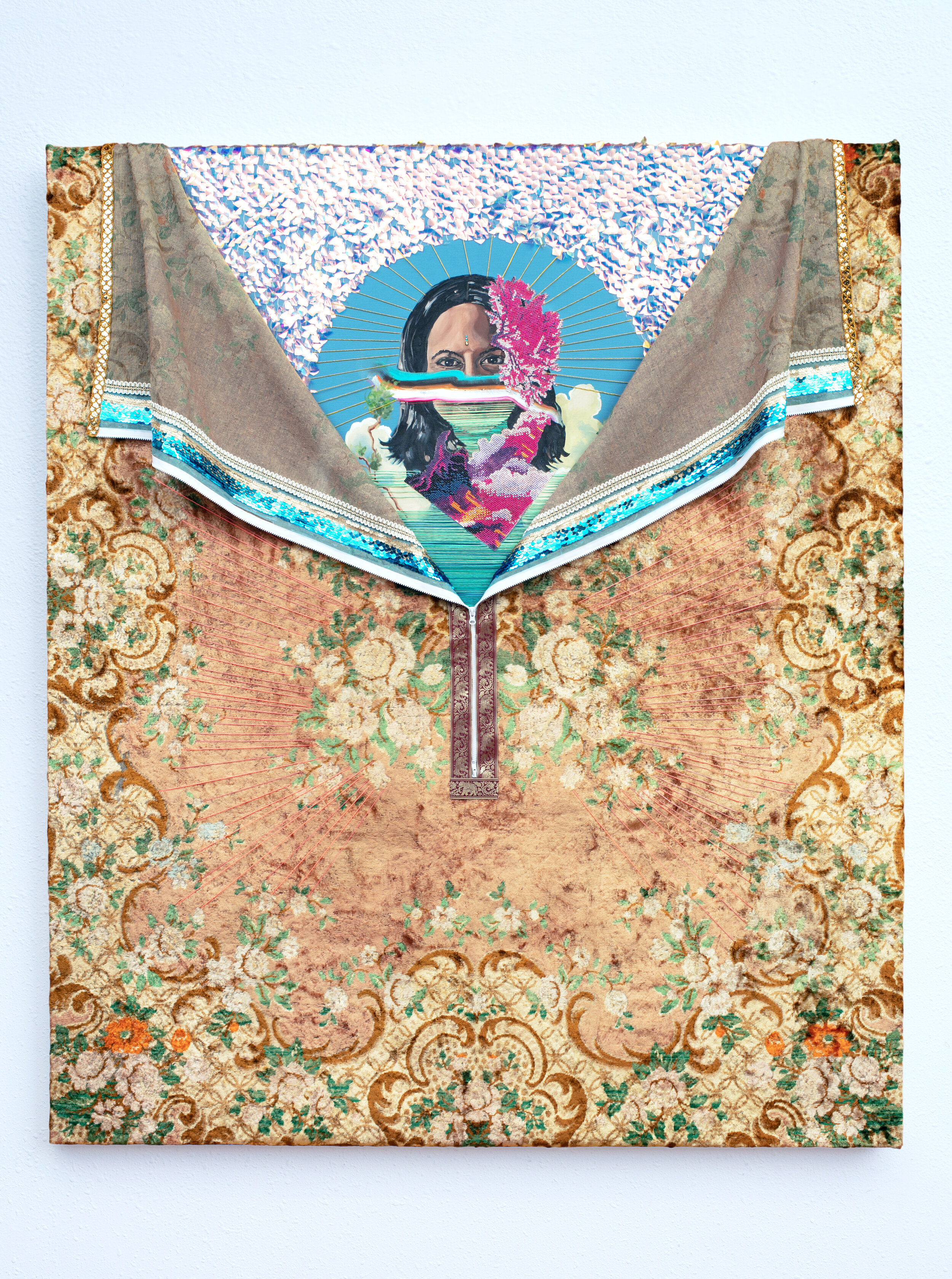 "self-portrait as a strnager," 2020, acrylic, fiber, vintage rug, zipper, and embroidery floss, 68" x 56"